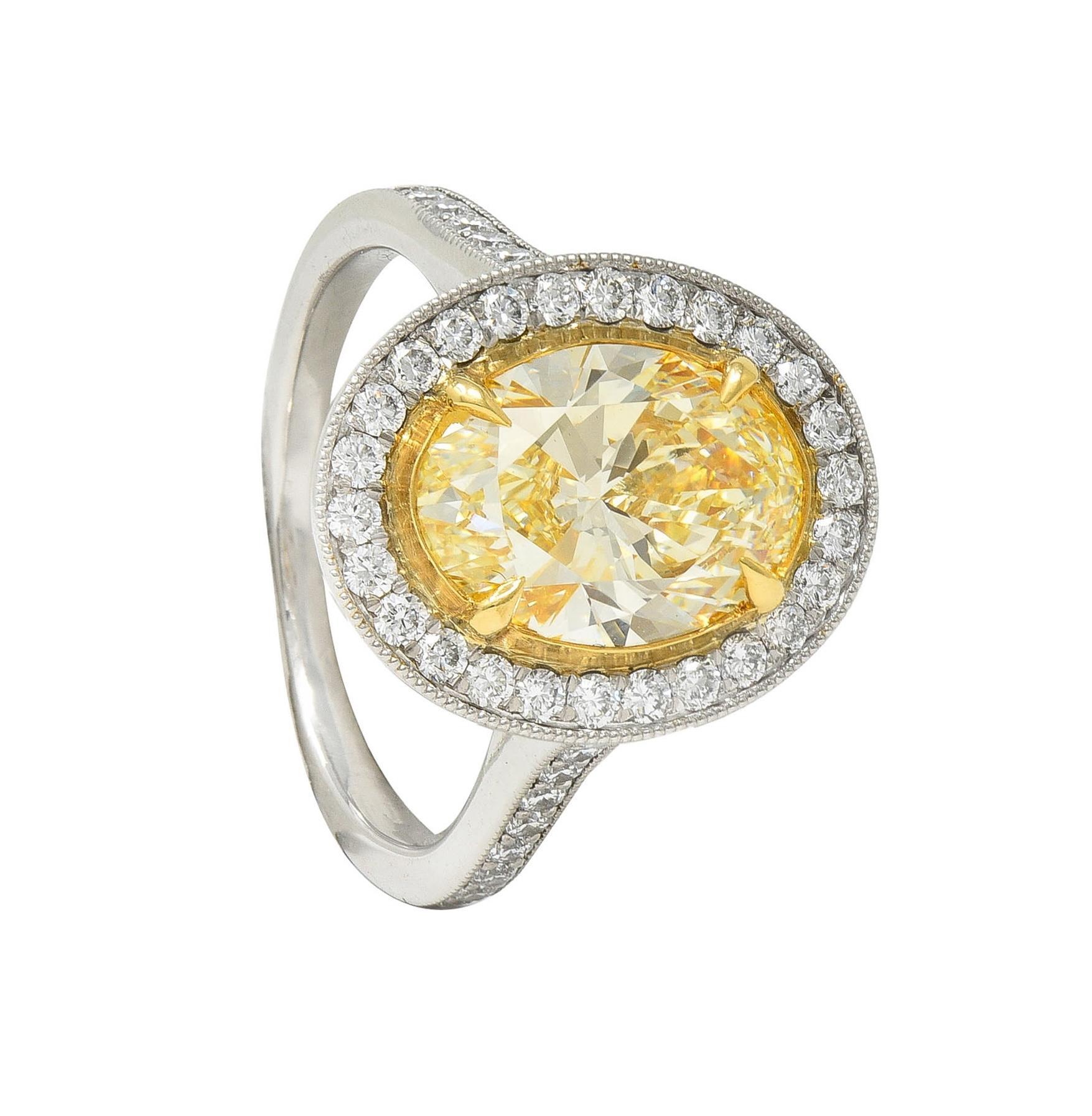 Contemporary 2.72 CTW Yellow Diamond Platinum 18 Karat Gold Halo Ring GIA For Sale 8