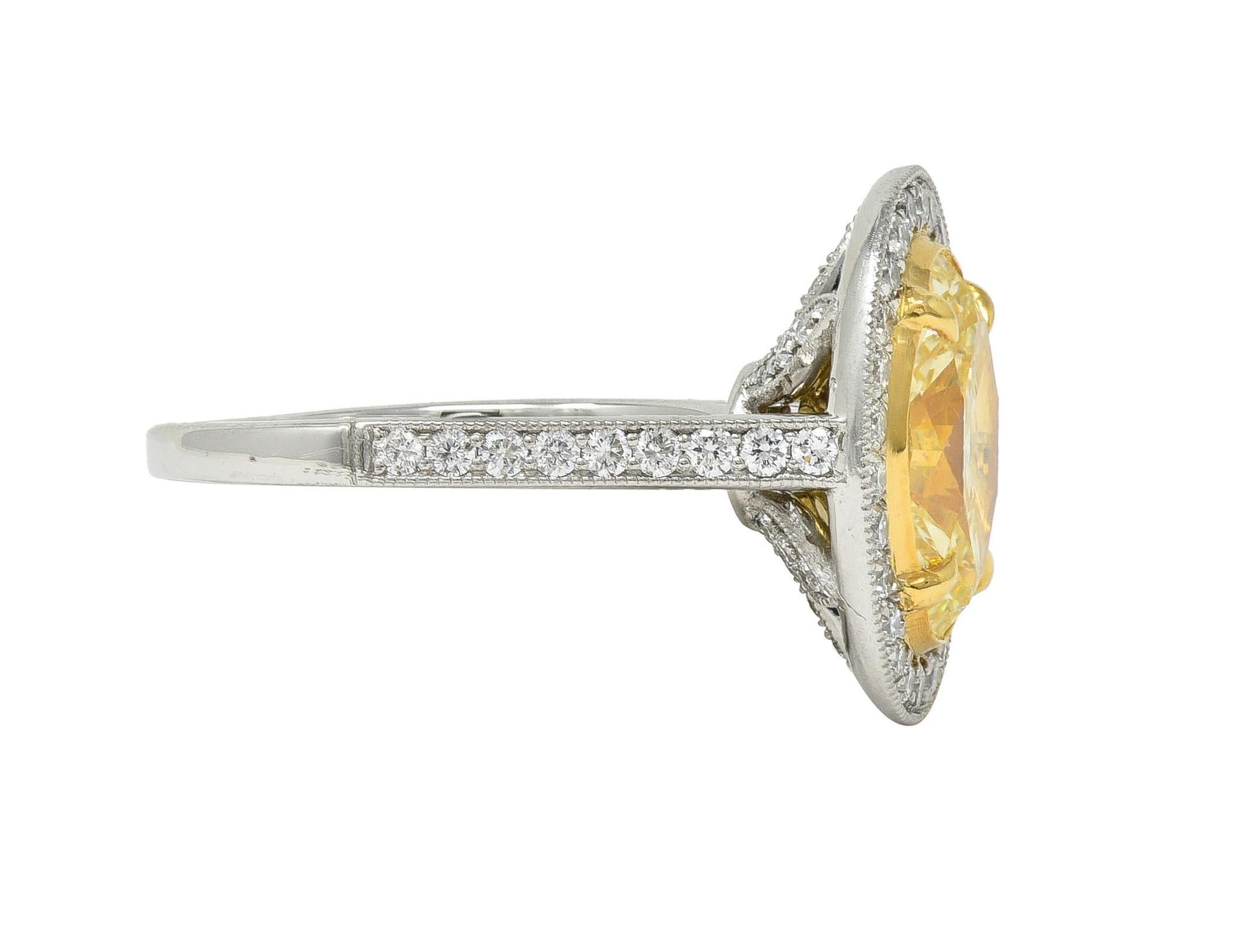 Women's or Men's Contemporary 2.72 CTW Yellow Diamond Platinum 18 Karat Gold Halo Ring GIA For Sale
