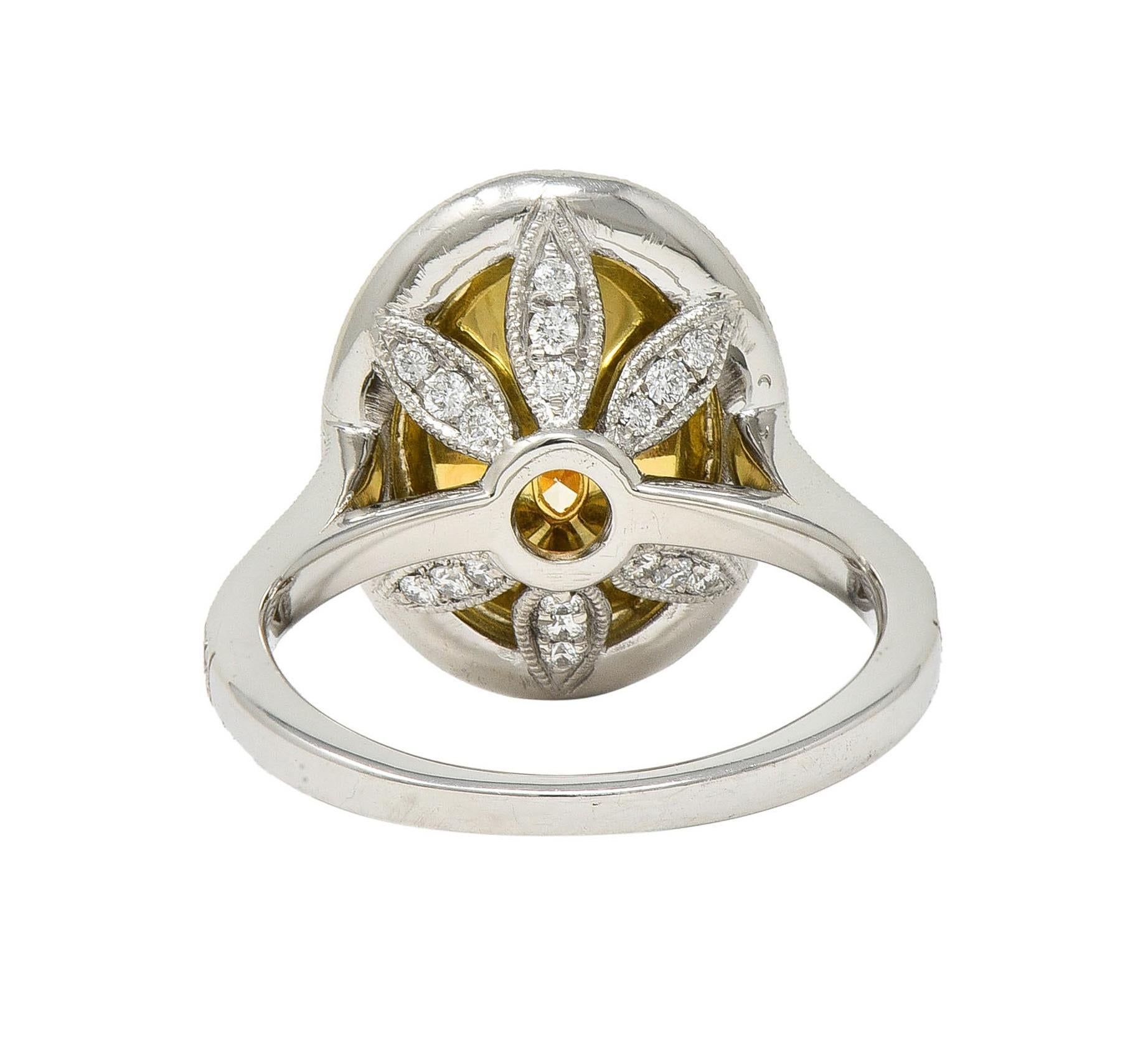 Contemporary 2.72 CTW Yellow Diamond Platinum 18 Karat Gold Halo Ring GIA For Sale 1