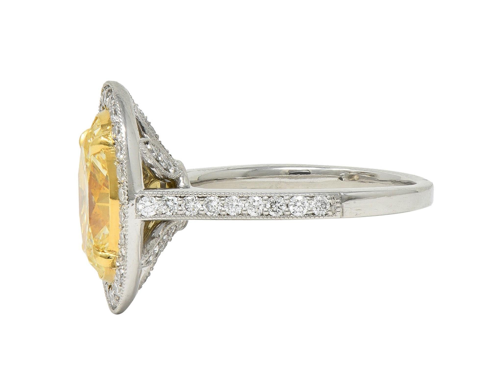 Contemporary 2.72 CTW Yellow Diamond Platinum 18 Karat Gold Halo Ring GIA For Sale 2
