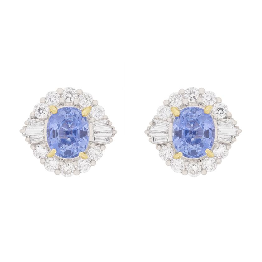 Taille ovale Contemporary 2.80ct Sapphire and Diamond Art Deco Inspired Cluster Earrings en vente