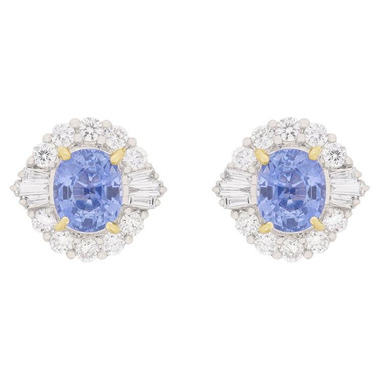 Contemporary 2.80ct Sapphire and Diamond Art Deco Inspired Cluster Earrings
