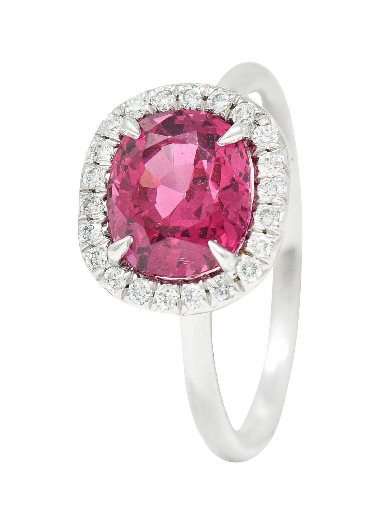 Contemporary 2.85 Carats Spinel Diamond Platinum Cushion Halo Ring For Sale 4