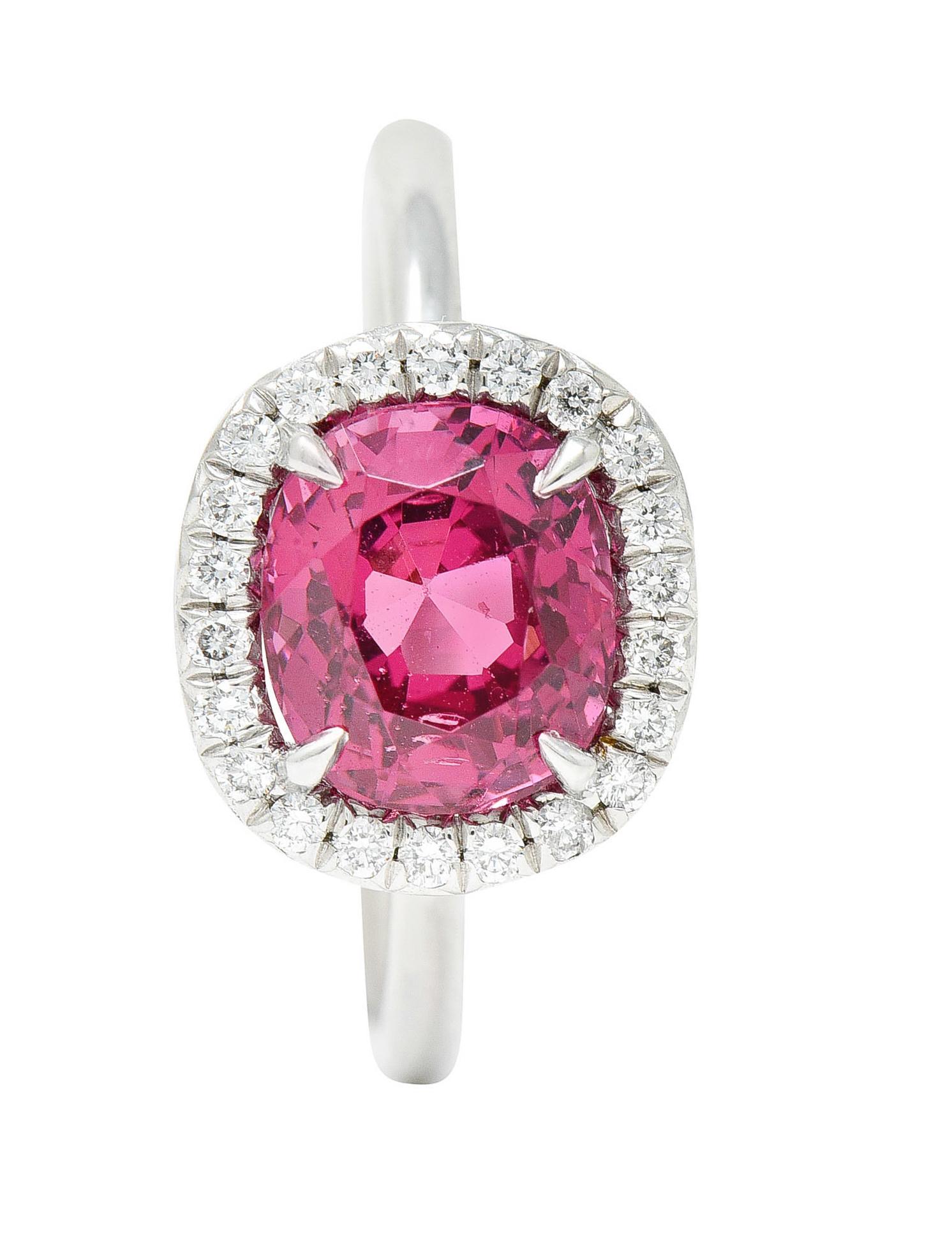 Contemporary 2.85 Carats Spinel Diamond Platinum Cushion Halo Ring For Sale 5