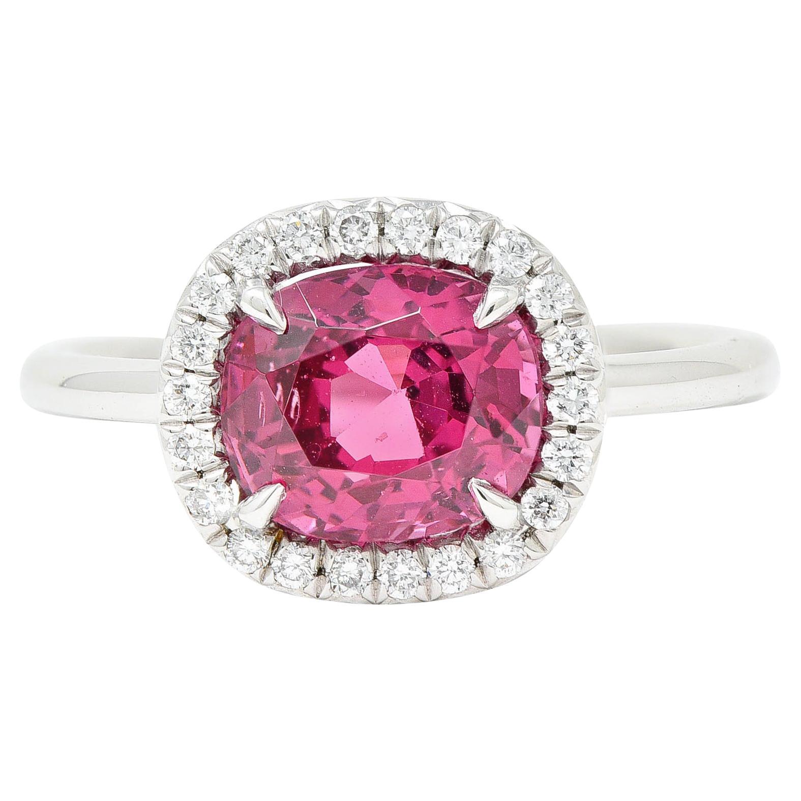 Contemporary 2.85 Carats Spinel Diamond Platinum Cushion Halo Ring For Sale