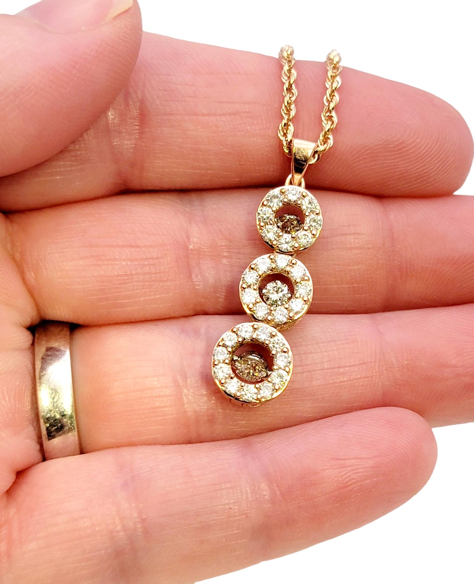 Contemporary 3 Circle Pave Diamond Drop Pendant Necklace in 14 Karat Rose Gold For Sale 5
