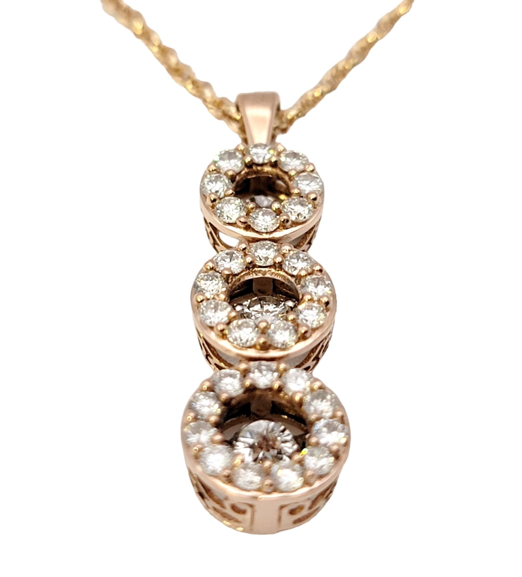 Contemporary 3 Circle Pave Diamond Drop Pendant Necklace in 14 Karat Rose Gold In Excellent Condition For Sale In Scottsdale, AZ