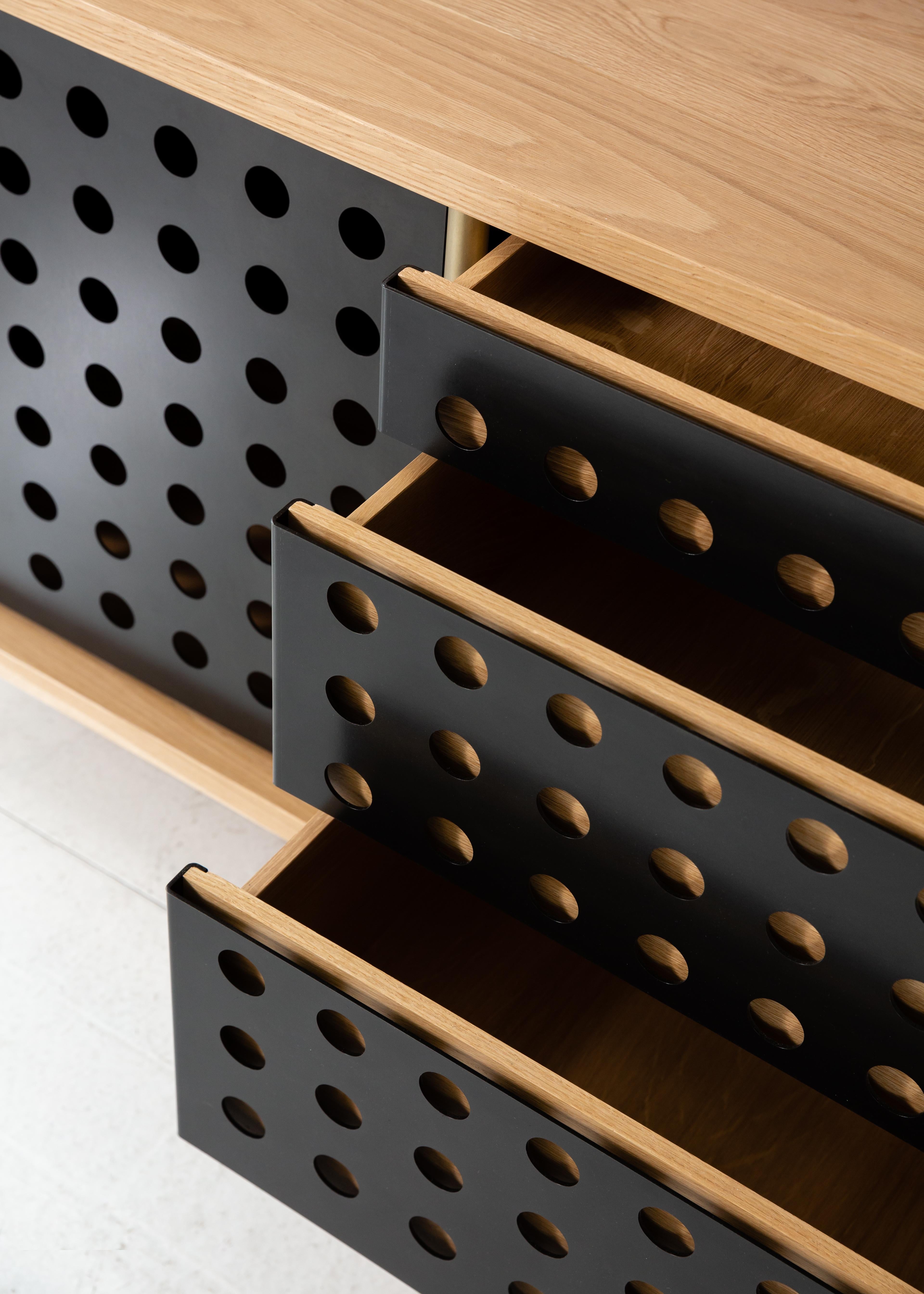 American Contemporary 3 Door Strata Credenza in White Oak Wood and Brass by Fort Standard