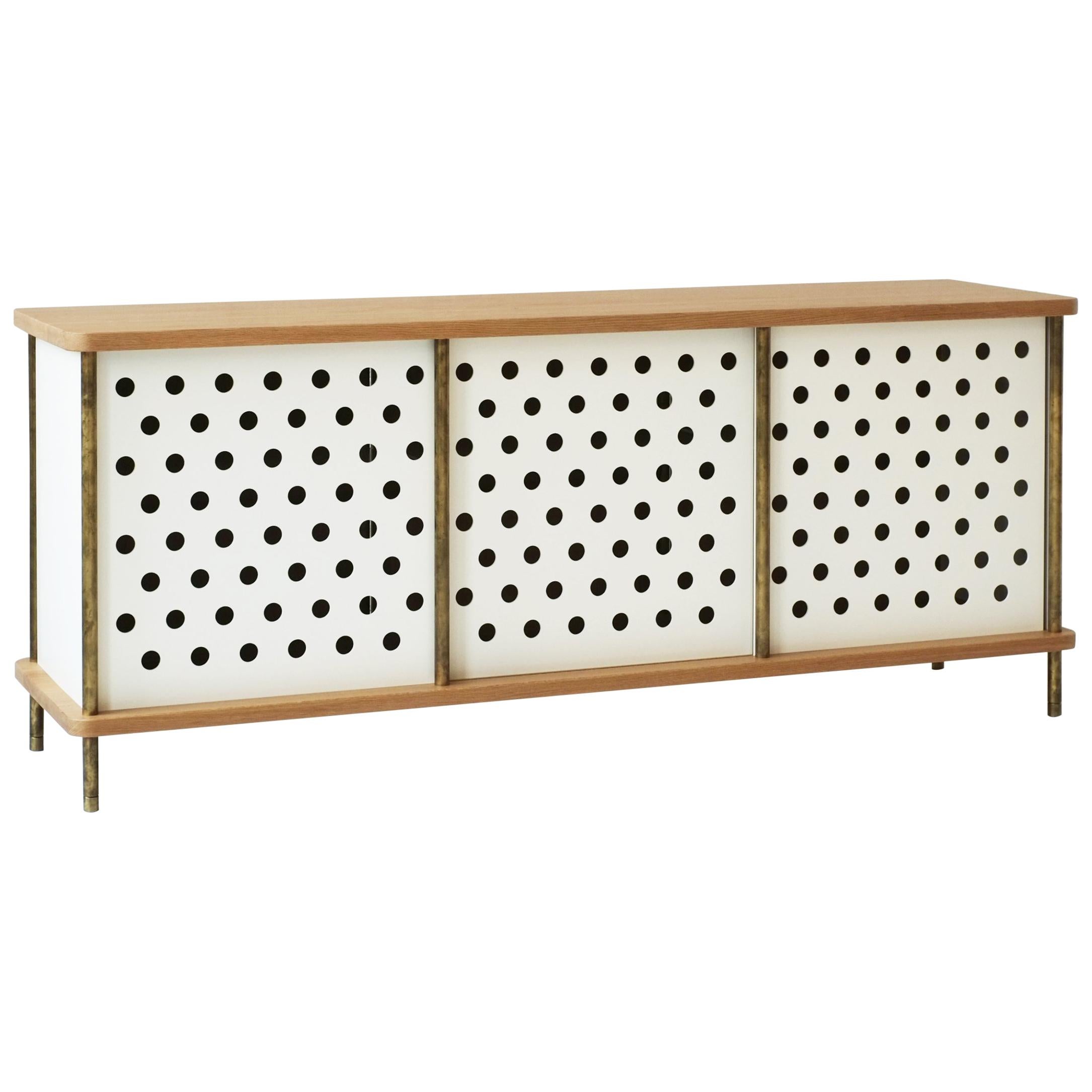 Contemporary 3 Door Strata Credenza in White Oak Wood and Brass by Fort Standard