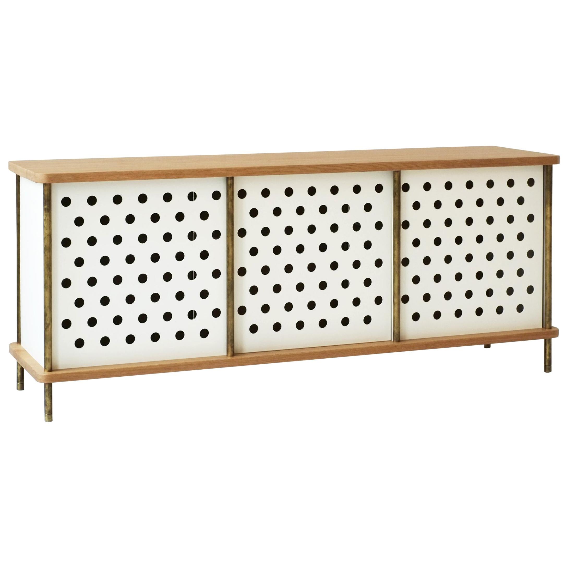 Contemporary 3-Door Strata Credenza in White Oak Wood and Brass by Fort Standard For Sale