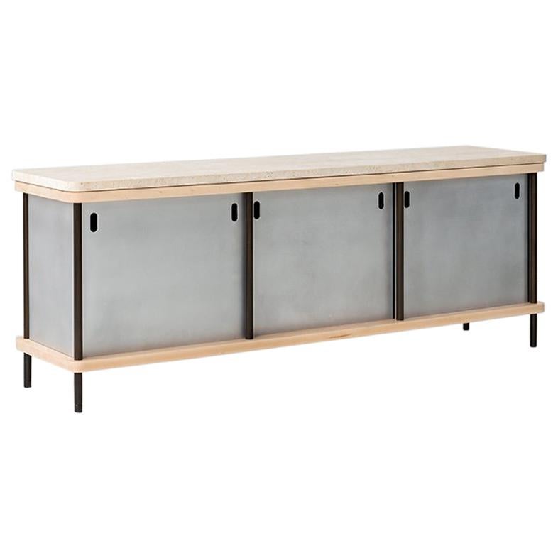 Contemporary 3-Door Strata Credenza with Travertine and Maple by Fort Standard