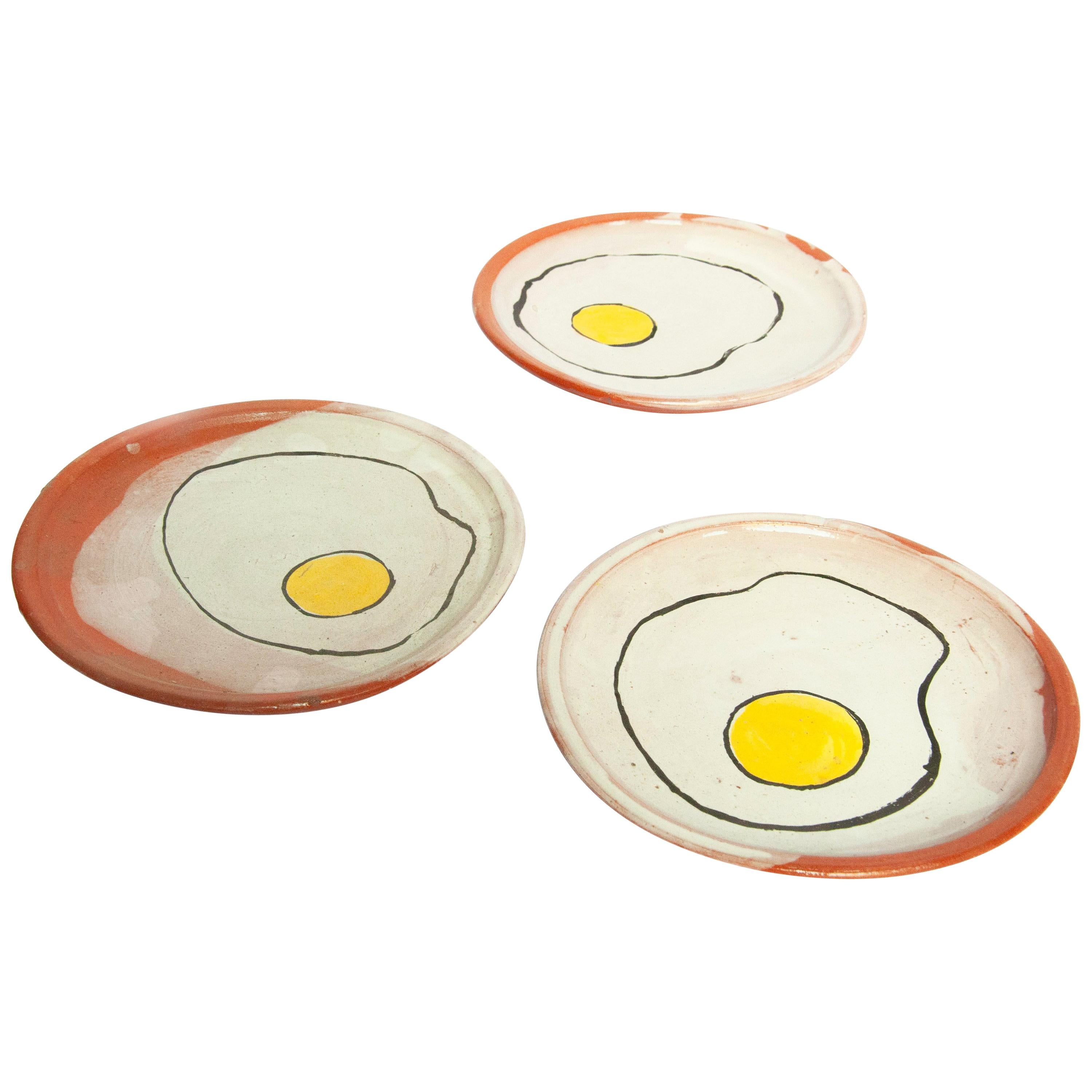 Contemporary 3 Medium Egg Plates Ceramic Clay Handmade Mexican For Sale