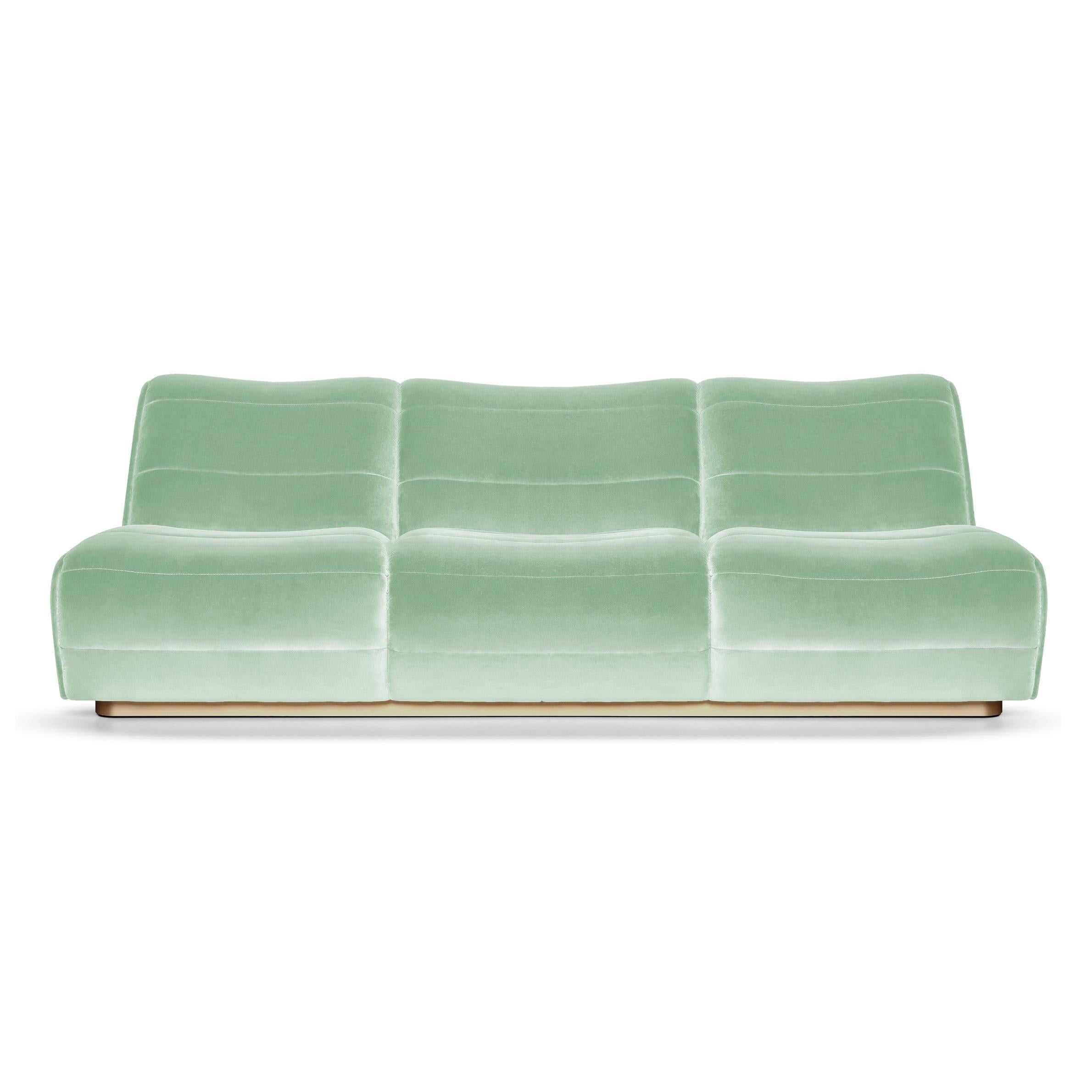 Portuguese Contemporary 3 Seat Sofa Offered in Velvet & Metal Base For Sale