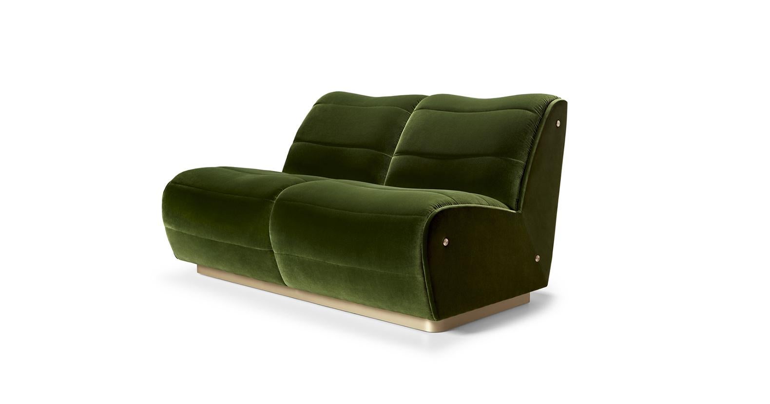 Brass Contemporary 3 Seat Sofa Offered in Velvet & Metal Base For Sale