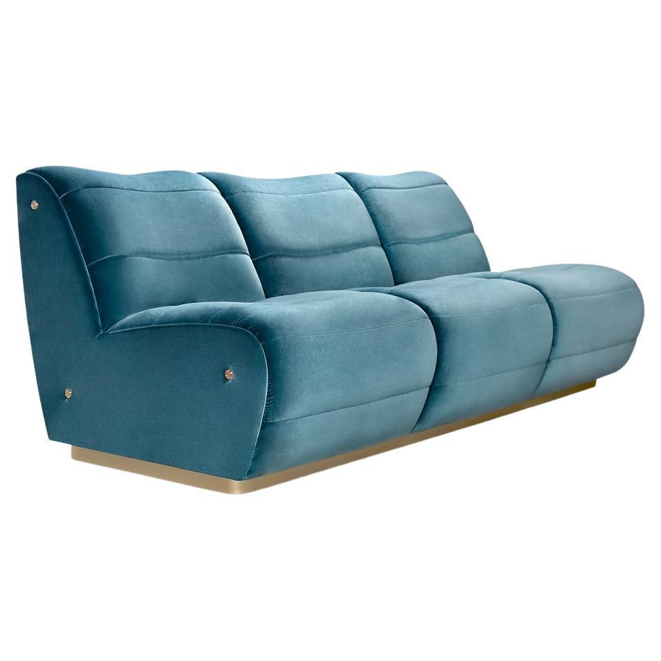 Contemporary 3 Seat Sofa Offered in Velvet & Metal Base For Sale