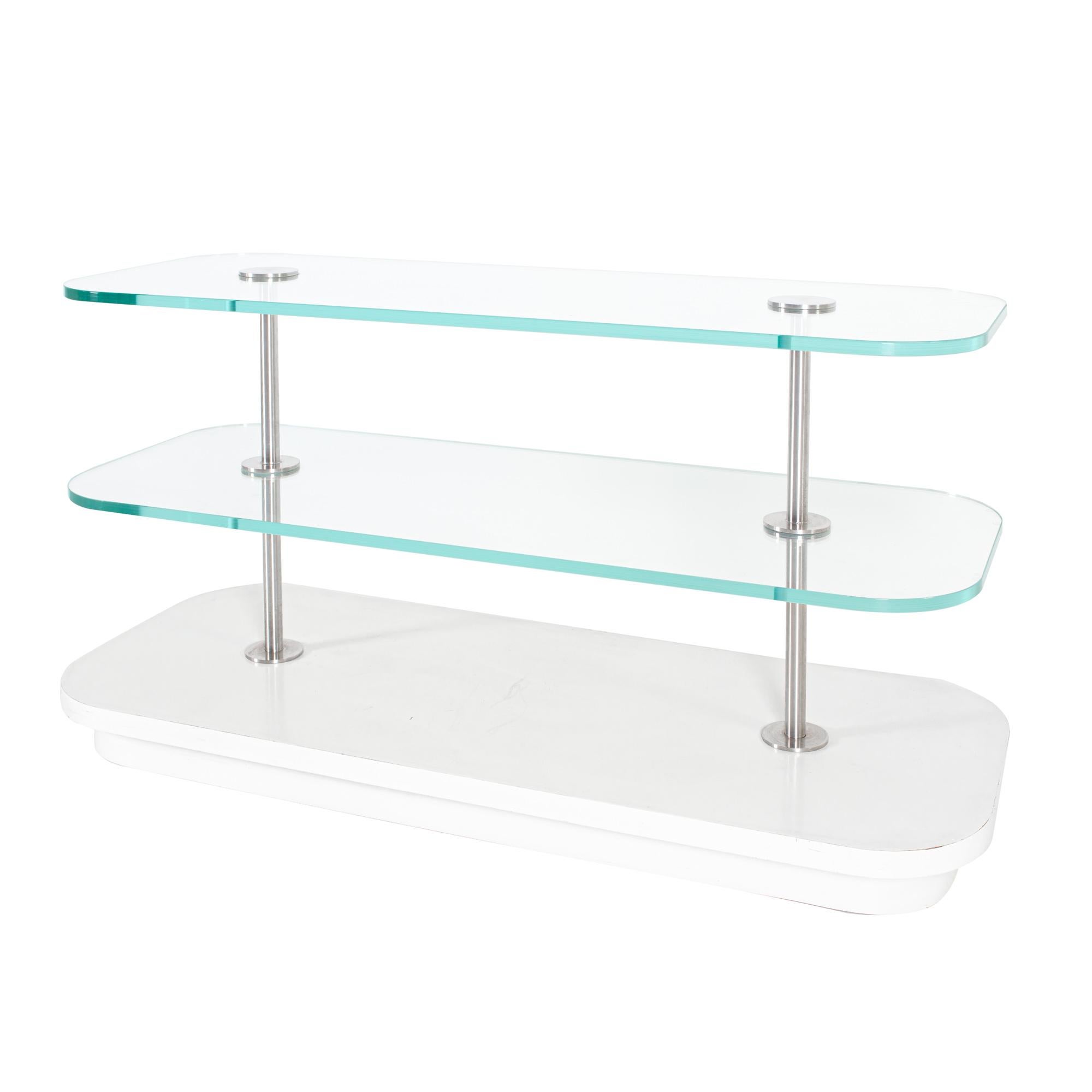 Modern Contemporary 3-Tier Laminate Stainless and Glass Display For Sale
