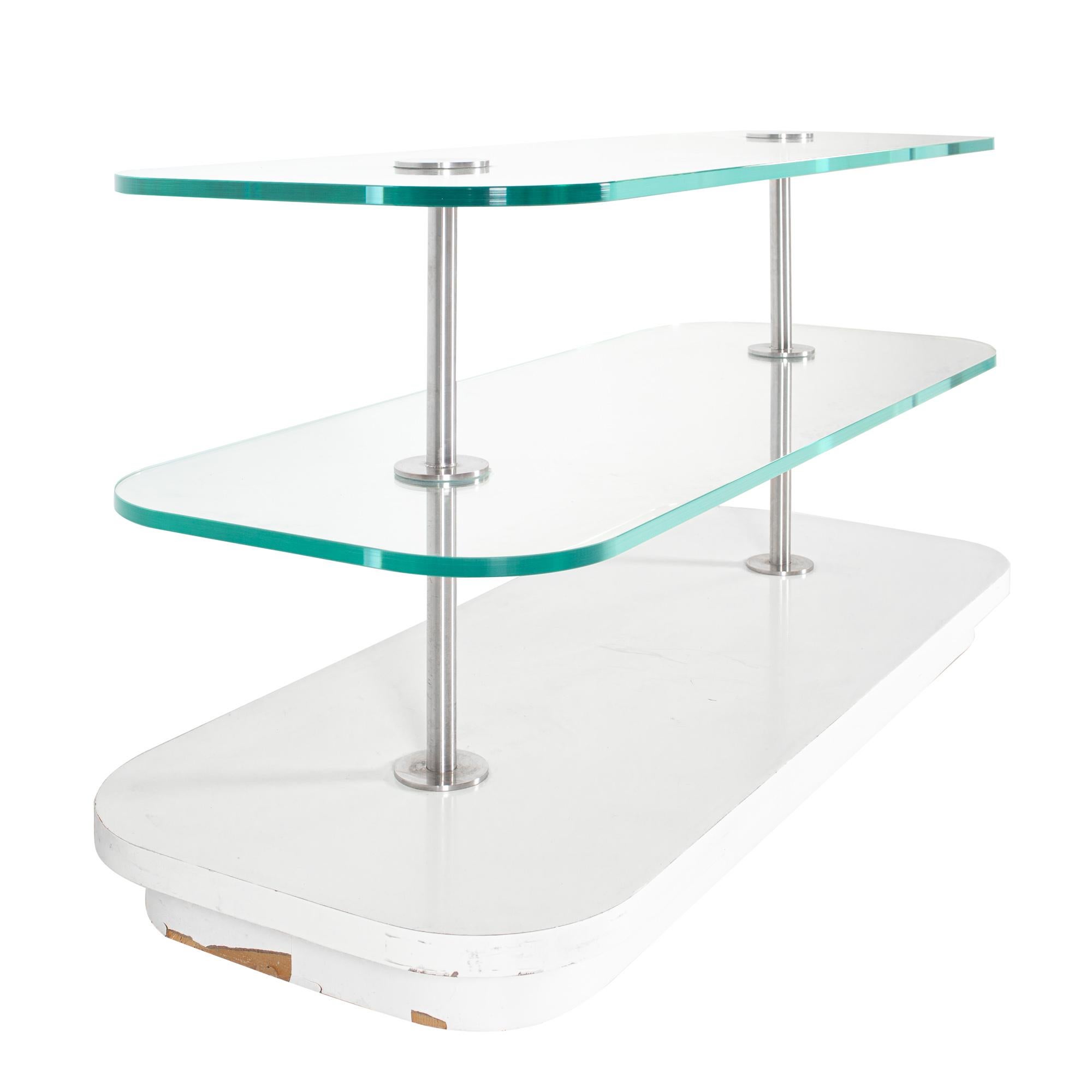 American Contemporary 3-Tier Laminate Stainless and Glass Display For Sale