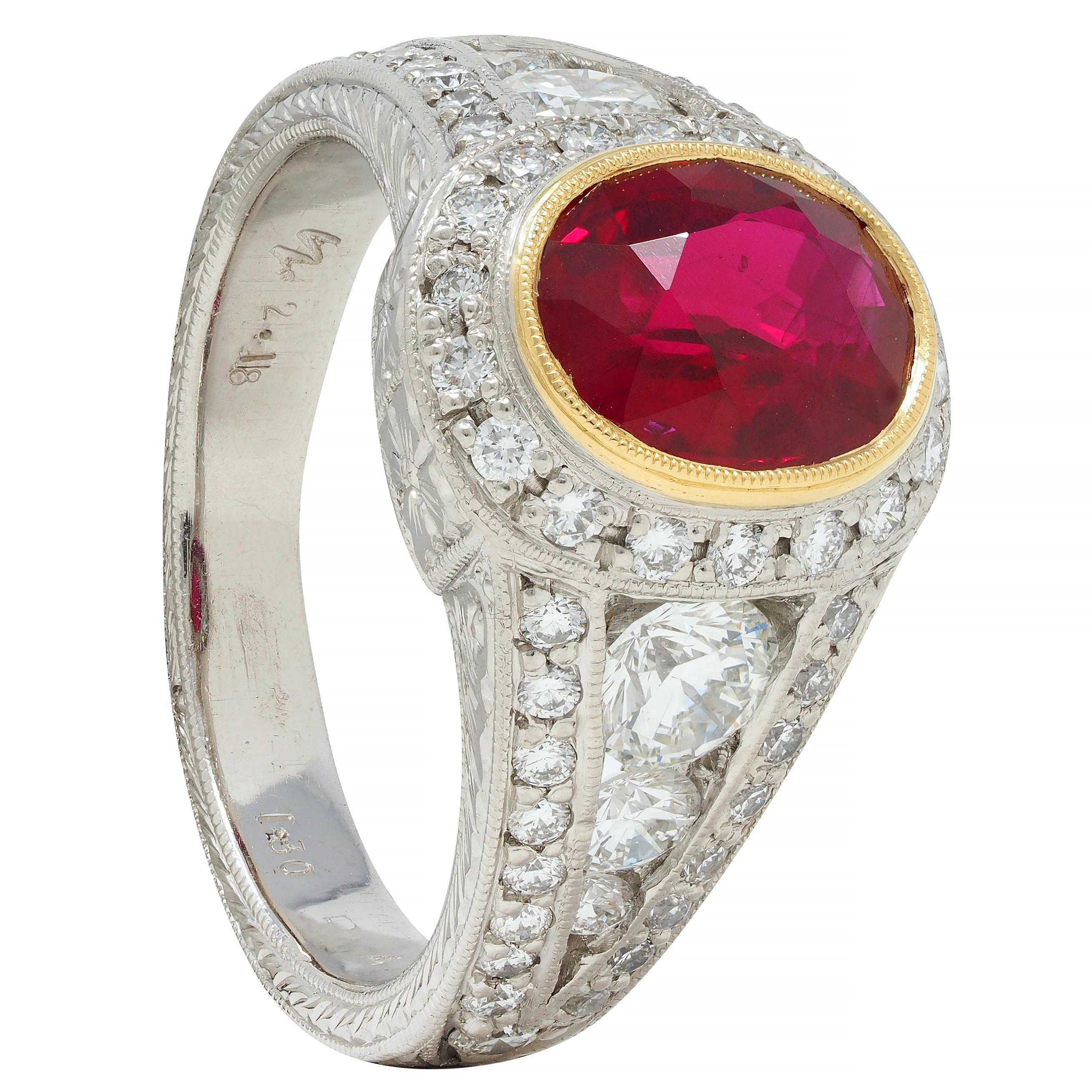 Contemporary 3.04 CTW Burma Ruby Diamond Platinum 18 Karat Gold Halo Ring GIA For Sale 6