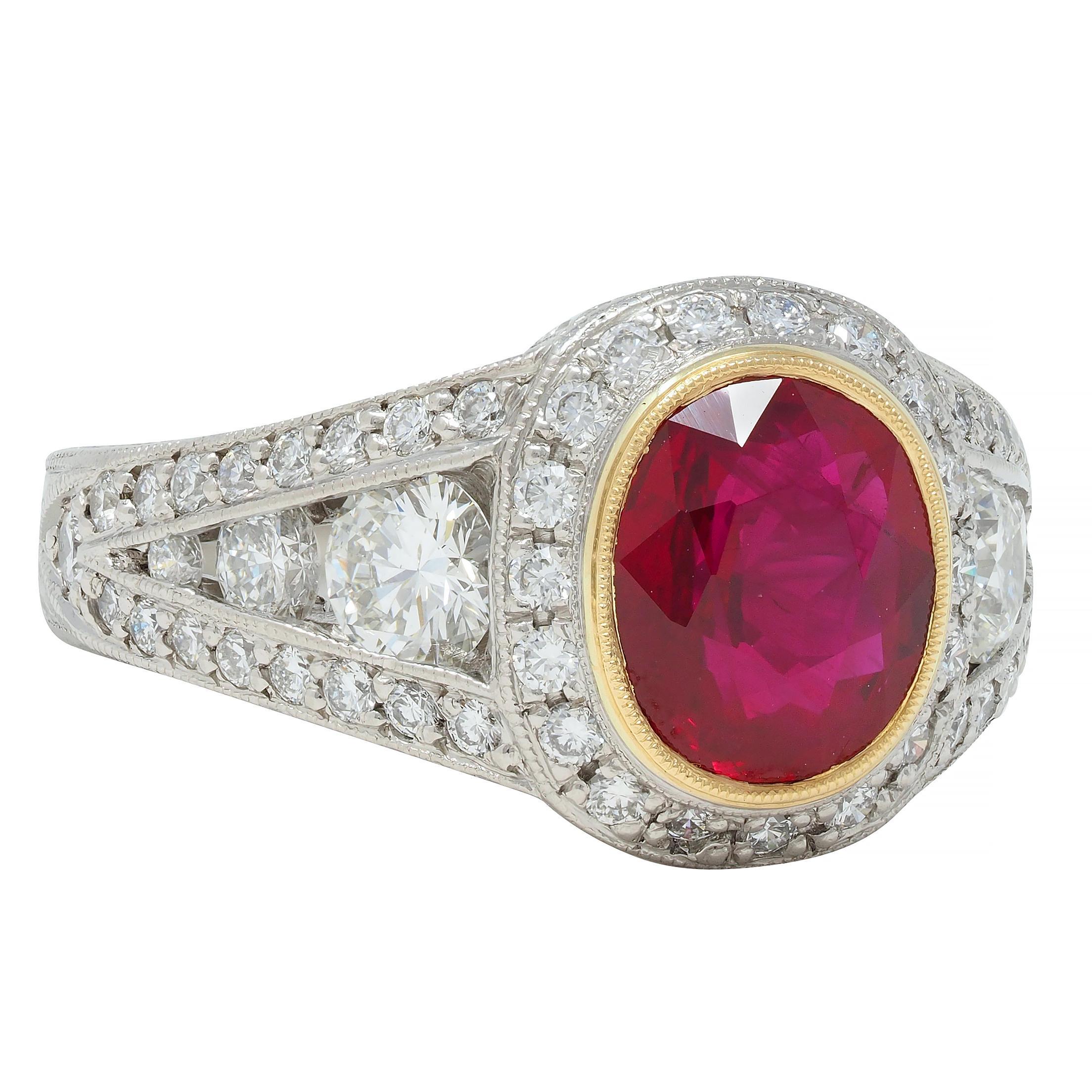 Oval Cut Contemporary 3.04 CTW Burma Ruby Diamond Platinum 18 Karat Gold Halo Ring GIA For Sale