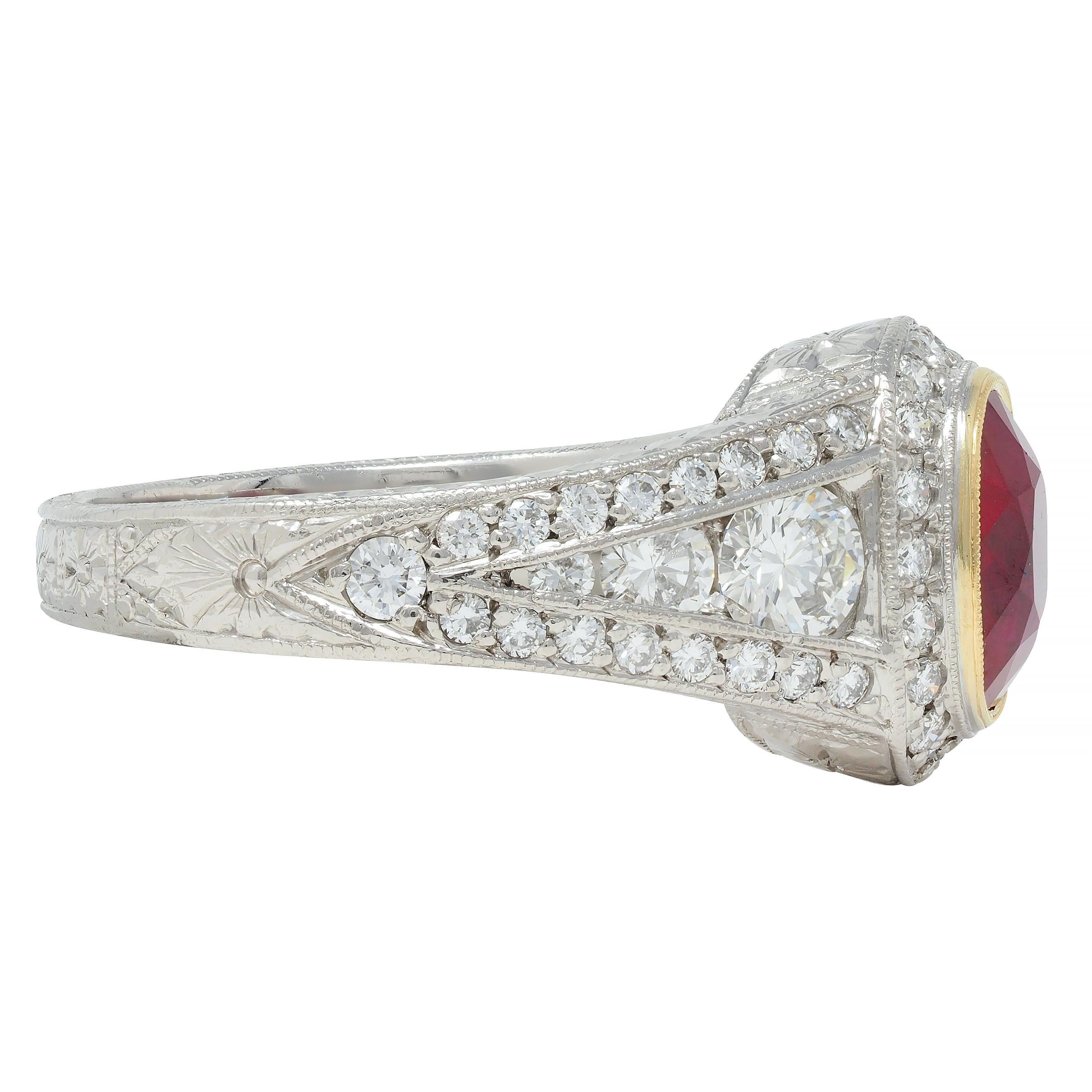 Contemporary 3.04 CTW Burma Ruby Diamond Platinum 18 Karat Gold Halo Ring GIA In Excellent Condition For Sale In Philadelphia, PA