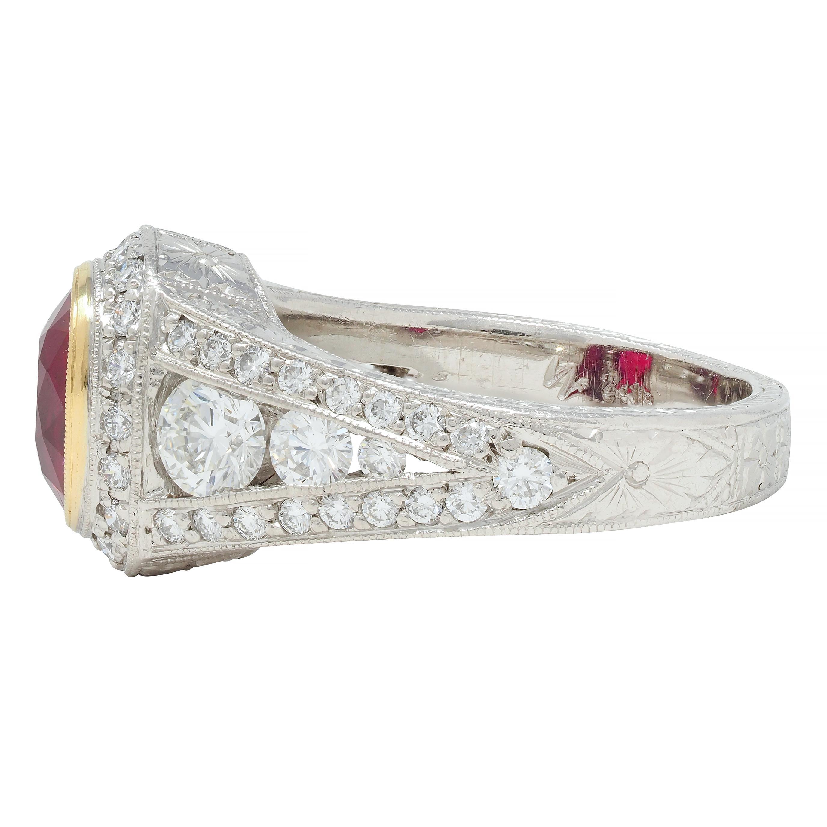 Contemporary 3.04 CTW Burma Ruby Diamond Platinum 18 Karat Gold Halo Ring GIA For Sale 1