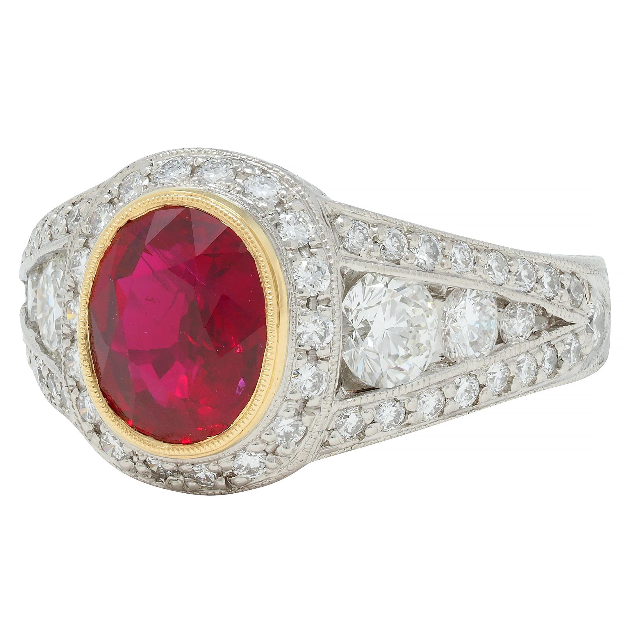 Contemporary 3.04 CTW Burma Ruby Diamond Platinum 18 Karat Gold Halo Ring GIA For Sale 2