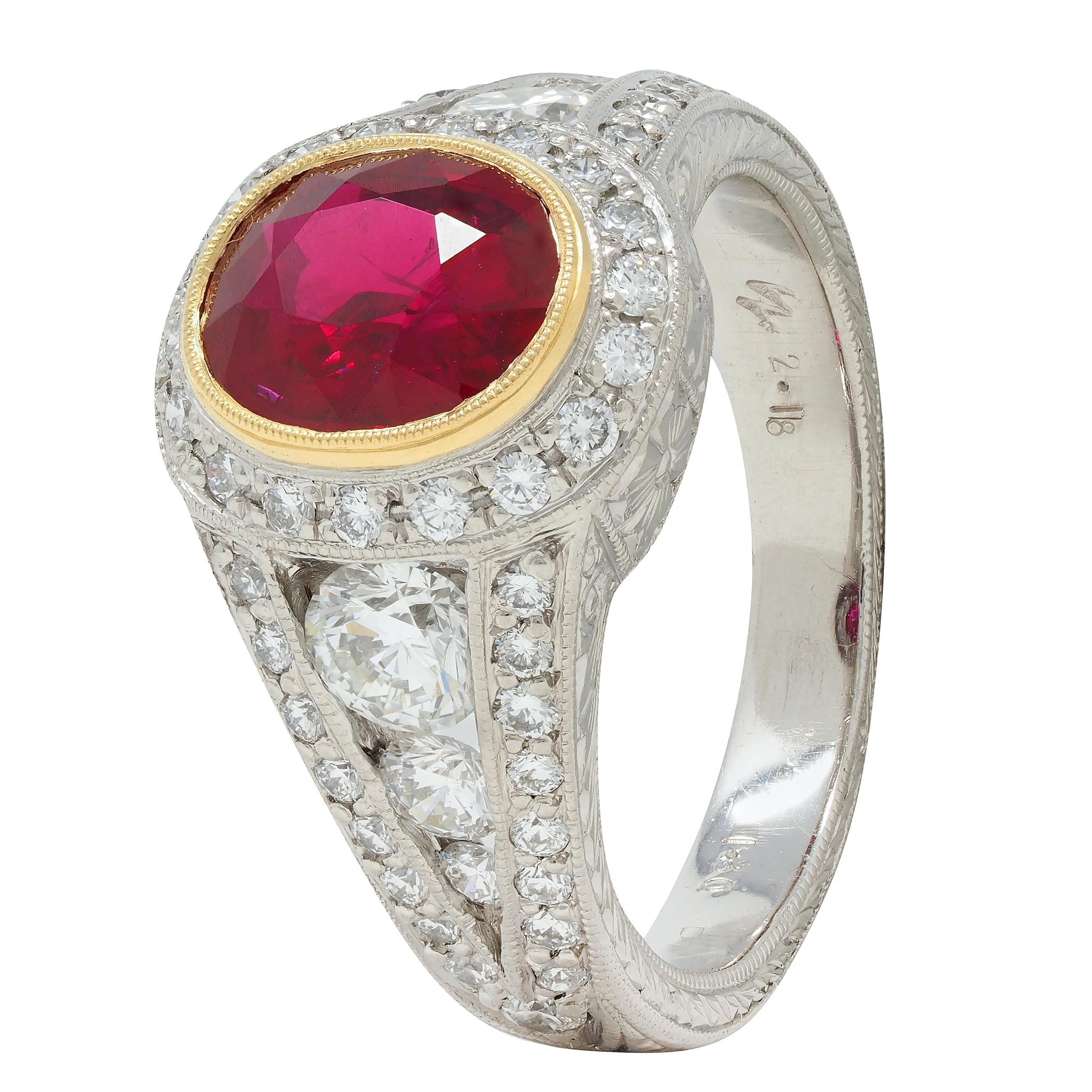 Contemporary 3.04 CTW Burma Ruby Diamond Platinum 18 Karat Gold Halo Ring GIA For Sale 4