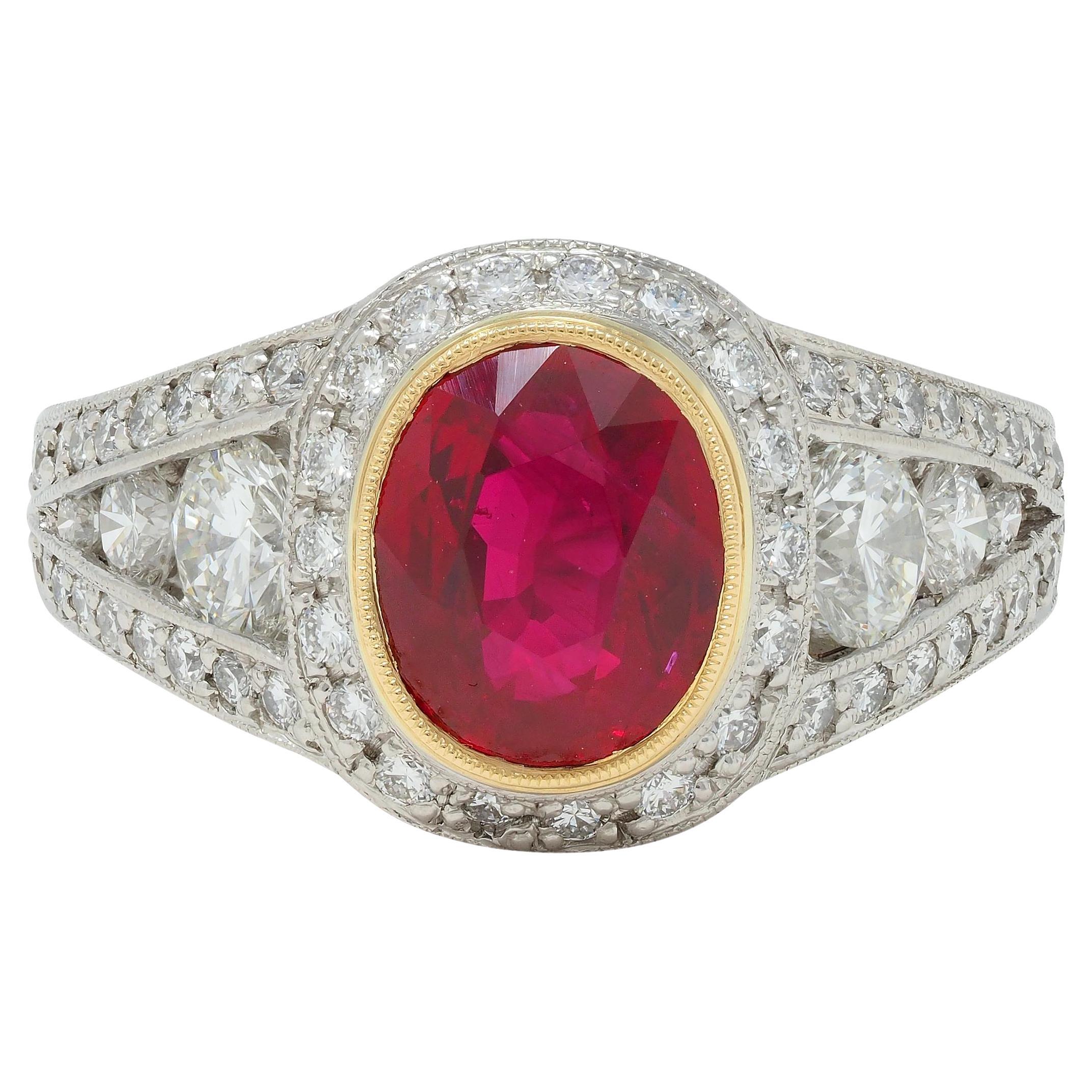 Contemporary 3.04 CTW Burma Ruby Diamond Platinum 18 Karat Gold Halo Ring GIA For Sale