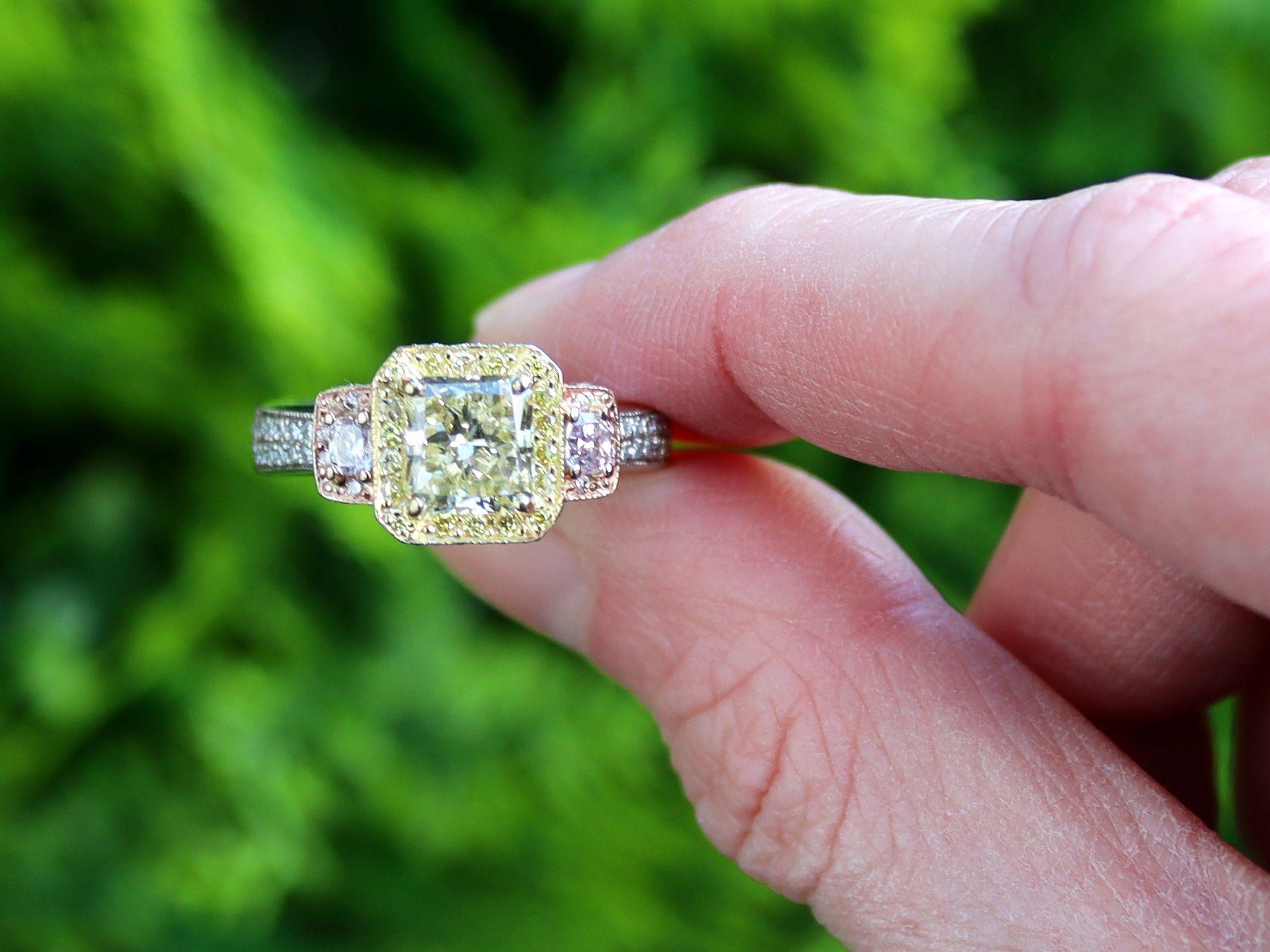 A stunning, fine and impressive contemporary 3.06 carat yellow and pink diamond engagement ring in platinum, multi-toned gold set ring; part of our diverse diamond ring collections

This magnificent antique diamond ring has been crafted in platinum,