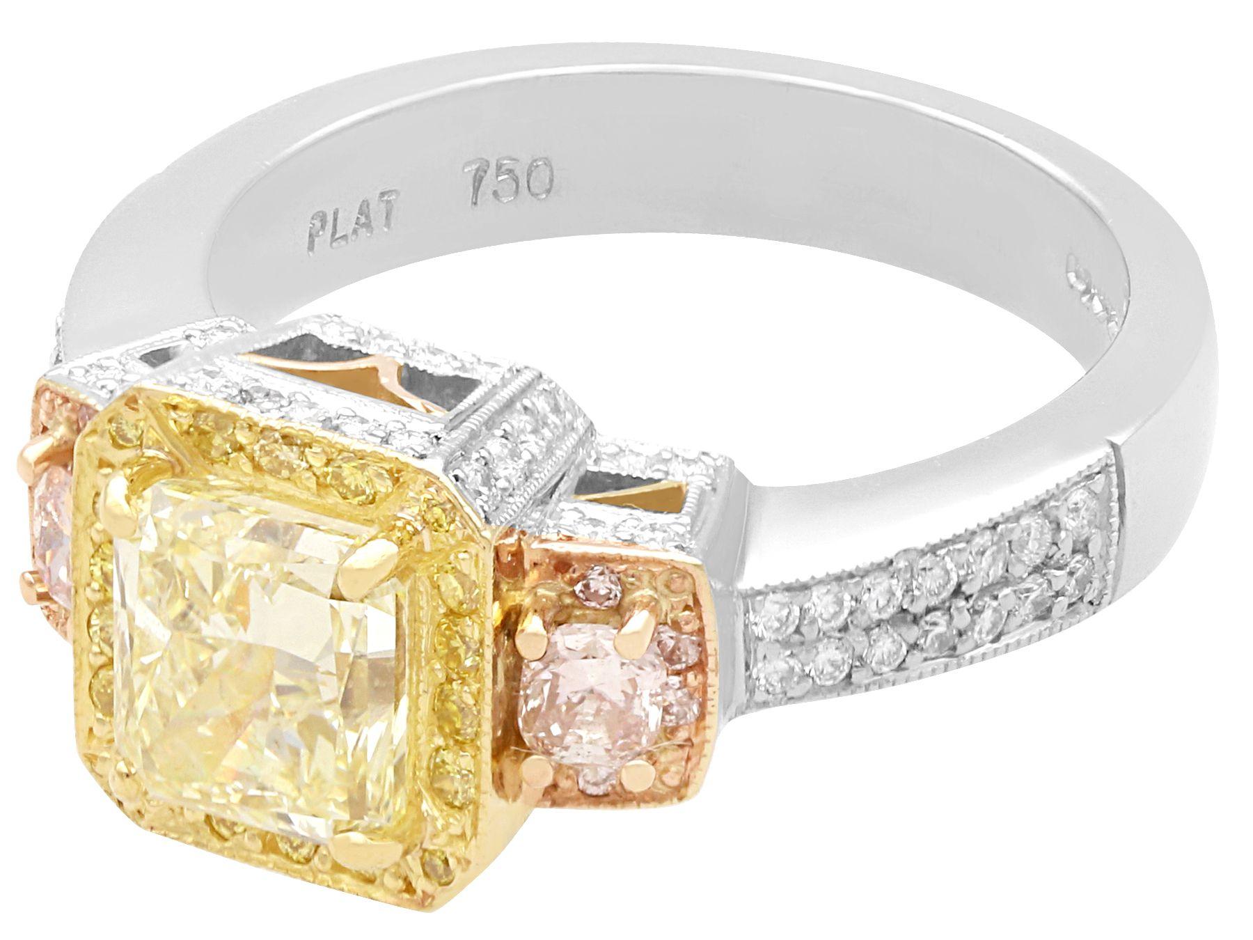 Radiant Cut 3.06 Carat Yellow and Pink Diamond Engagement Ring in Platinum For Sale