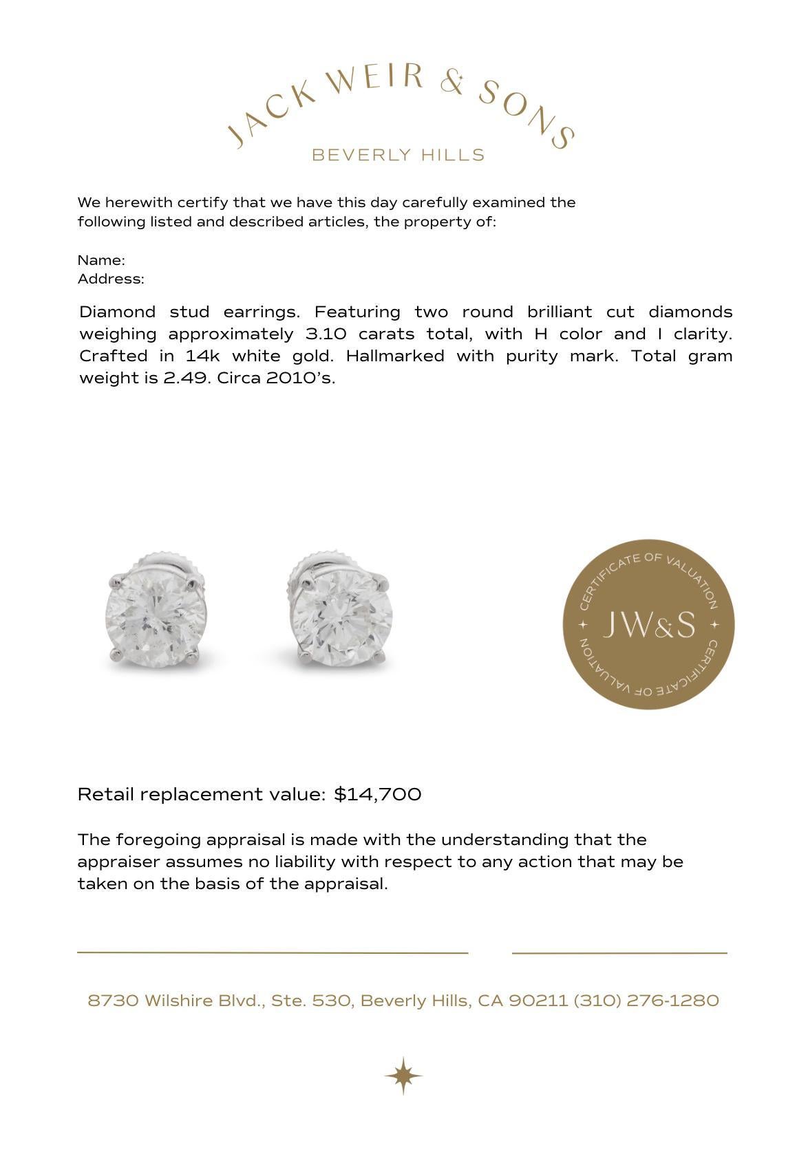 Clous d'oreilles contemporains en or blanc 14k avec diamants ronds de 3,10 carats et de taille brillante en vente 1