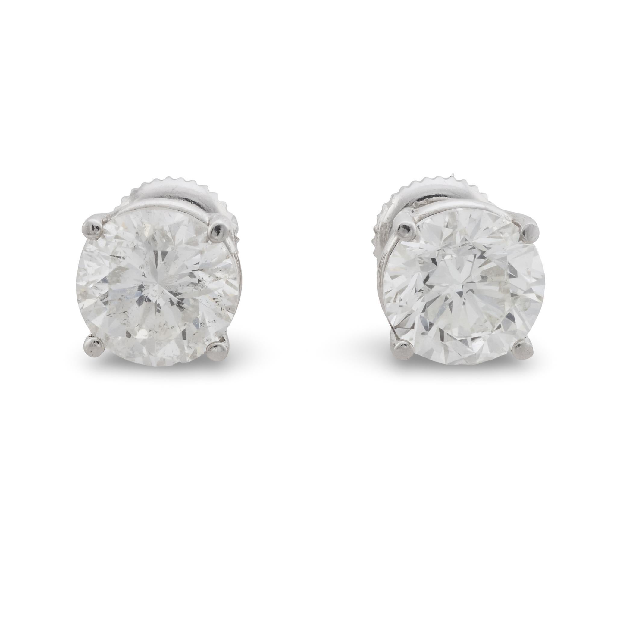 Clous d'oreilles contemporains en or blanc 14k avec diamants ronds de 3,10 carats et de taille brillante en vente 2