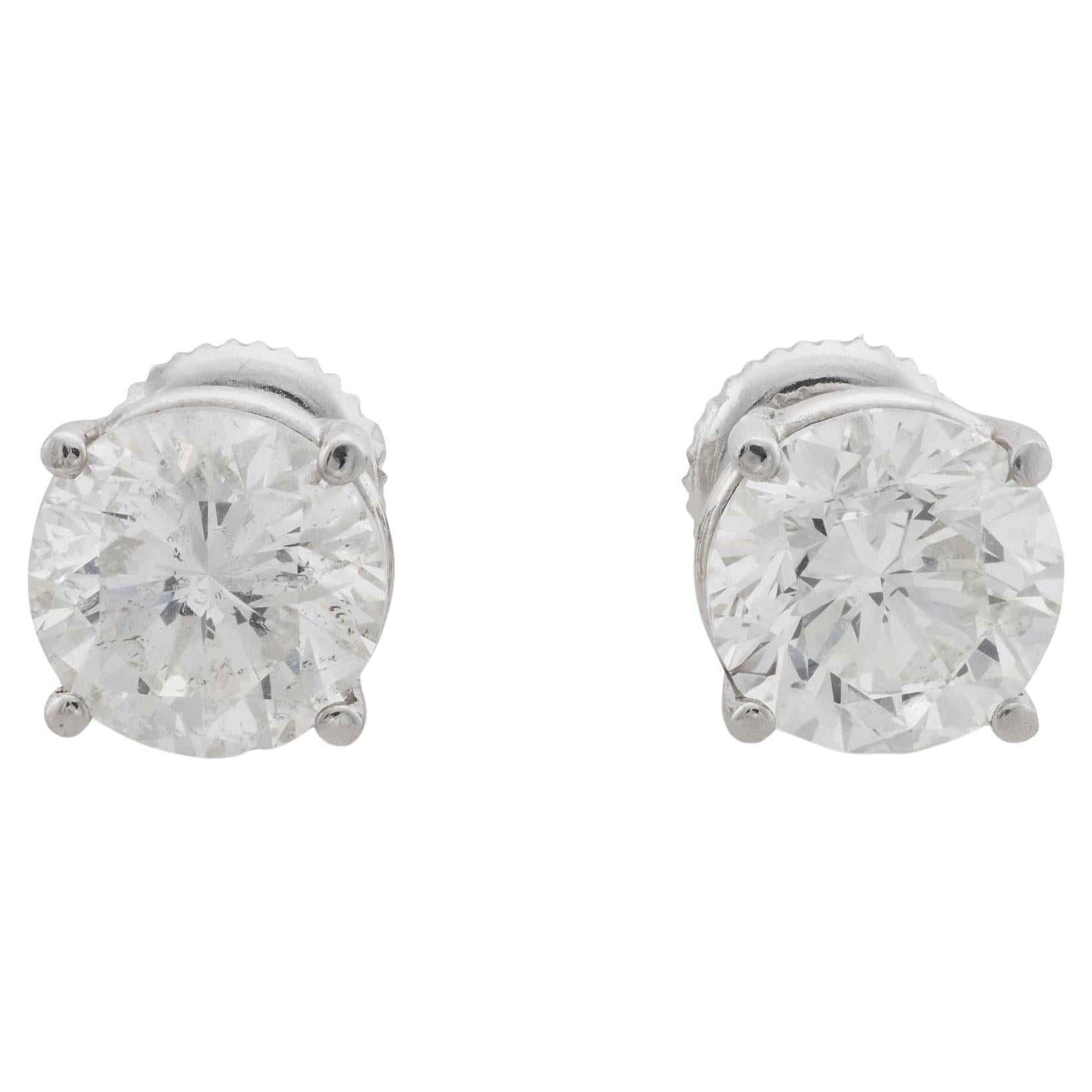 Clous d'oreilles contemporains en or blanc 14k avec diamants ronds de 3,10 carats et de taille brillante en vente