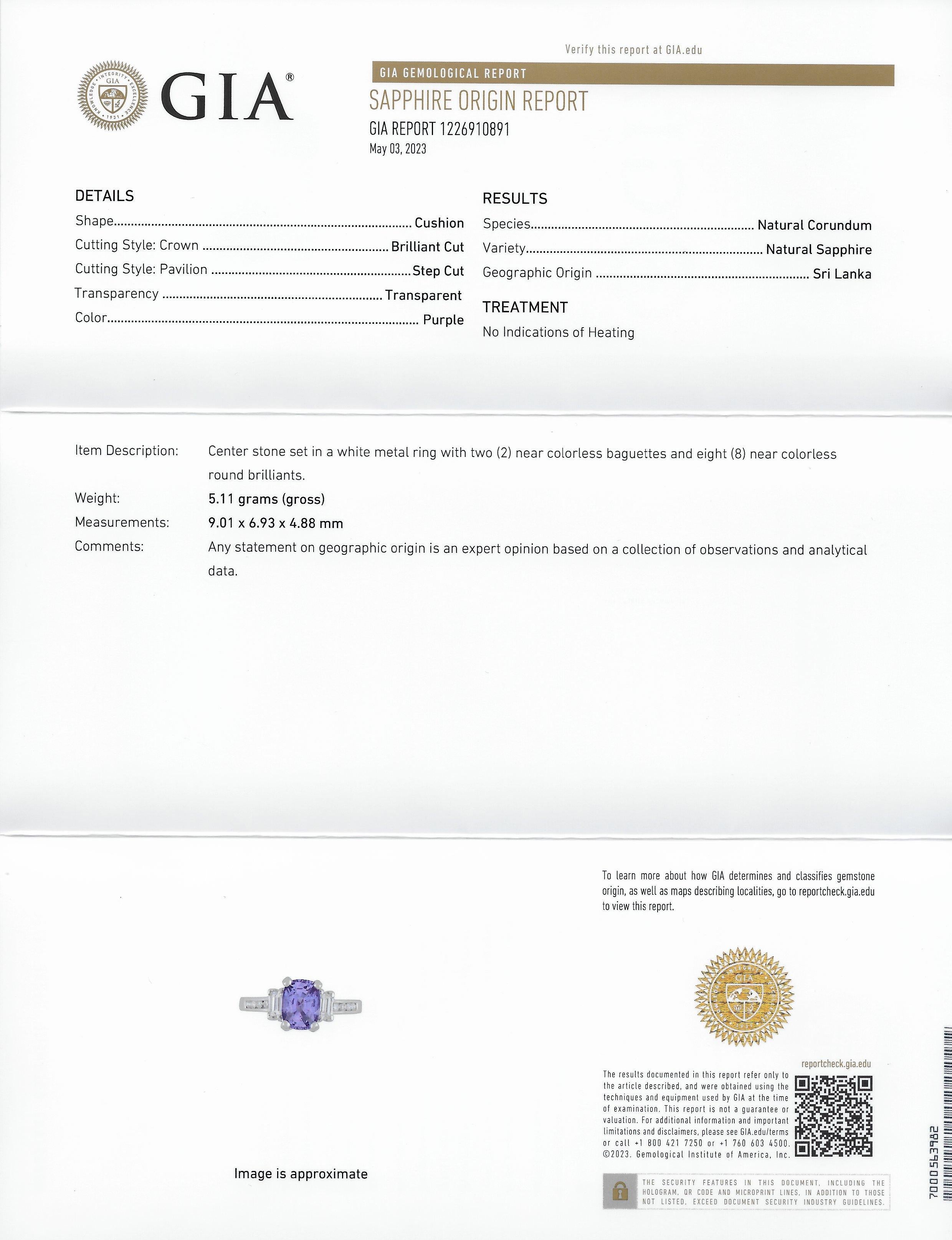 Contemporary 3.12 CTW Purple Sapphire Diamond 18K White Gold Gemstone Ring GIA For Sale 5