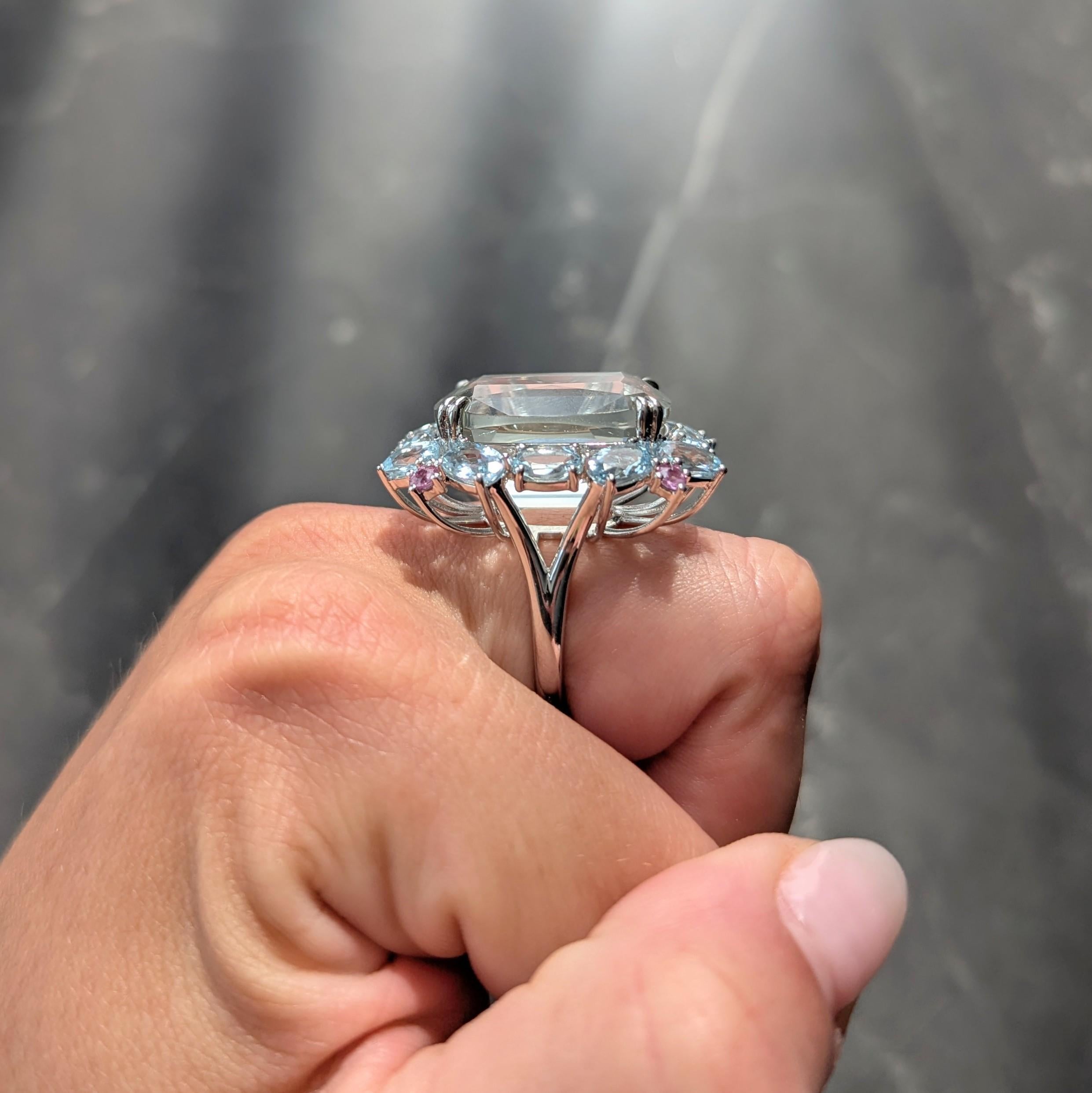 Contemporary 31.89 CTW Prasiolite Aquamarine Sapphire Platinum Cocktail Ring For Sale 5