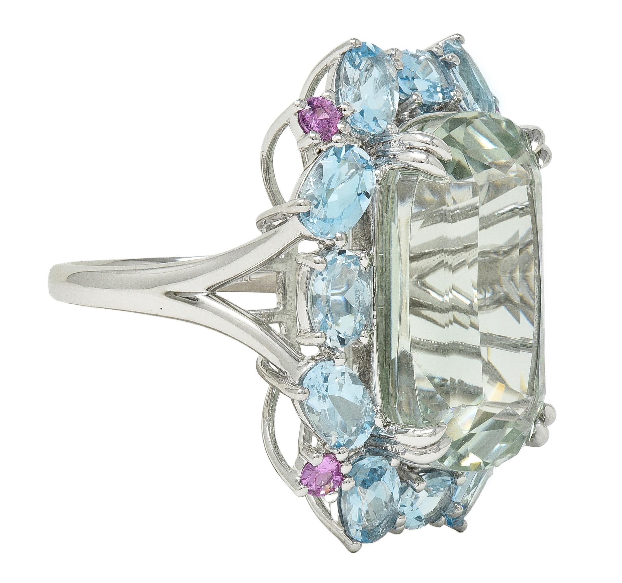 Cushion Cut Contemporary 31.89 CTW Prasiolite Aquamarine Sapphire Platinum Cocktail Ring For Sale