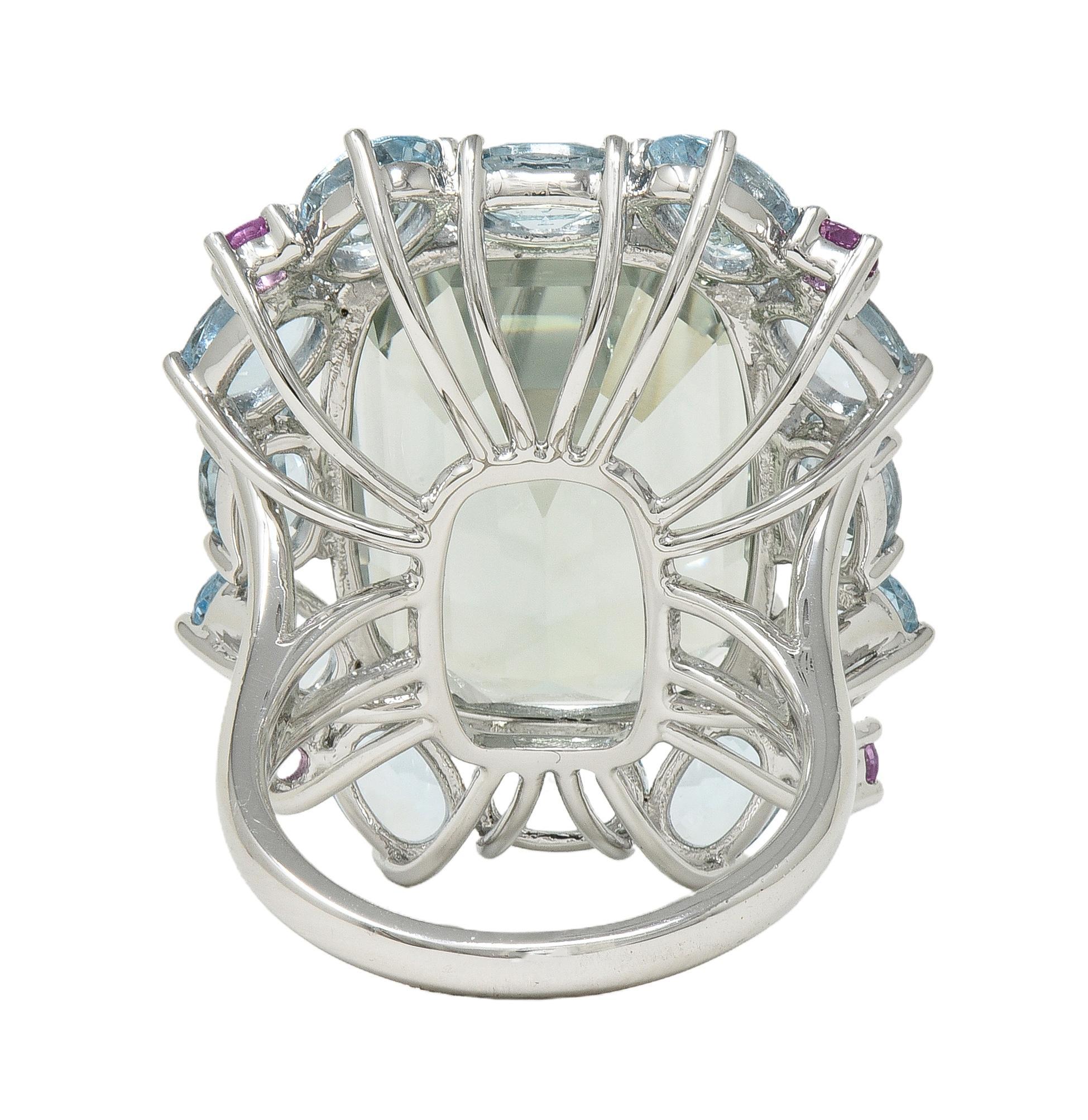 Contemporary 31.89 CTW Prasiolite Aquamarine Sapphire Platinum Cocktail Ring In Excellent Condition For Sale In Philadelphia, PA
