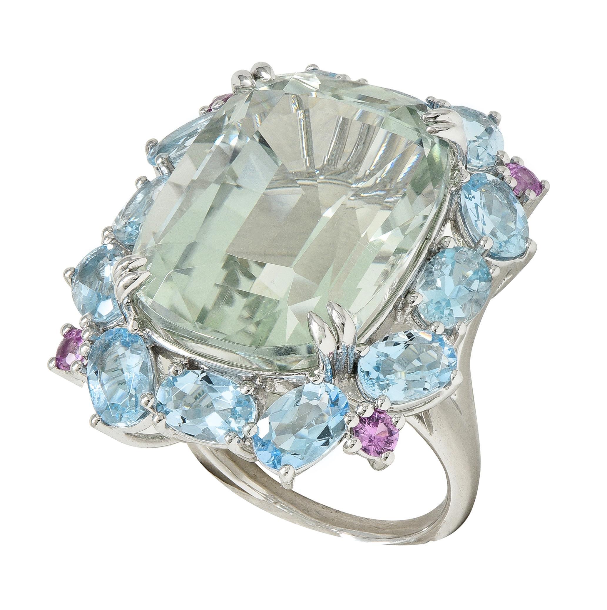 Contemporary 31.89 CTW Prasiolite Aquamarine Sapphire Platinum Cocktail Ring For Sale 3