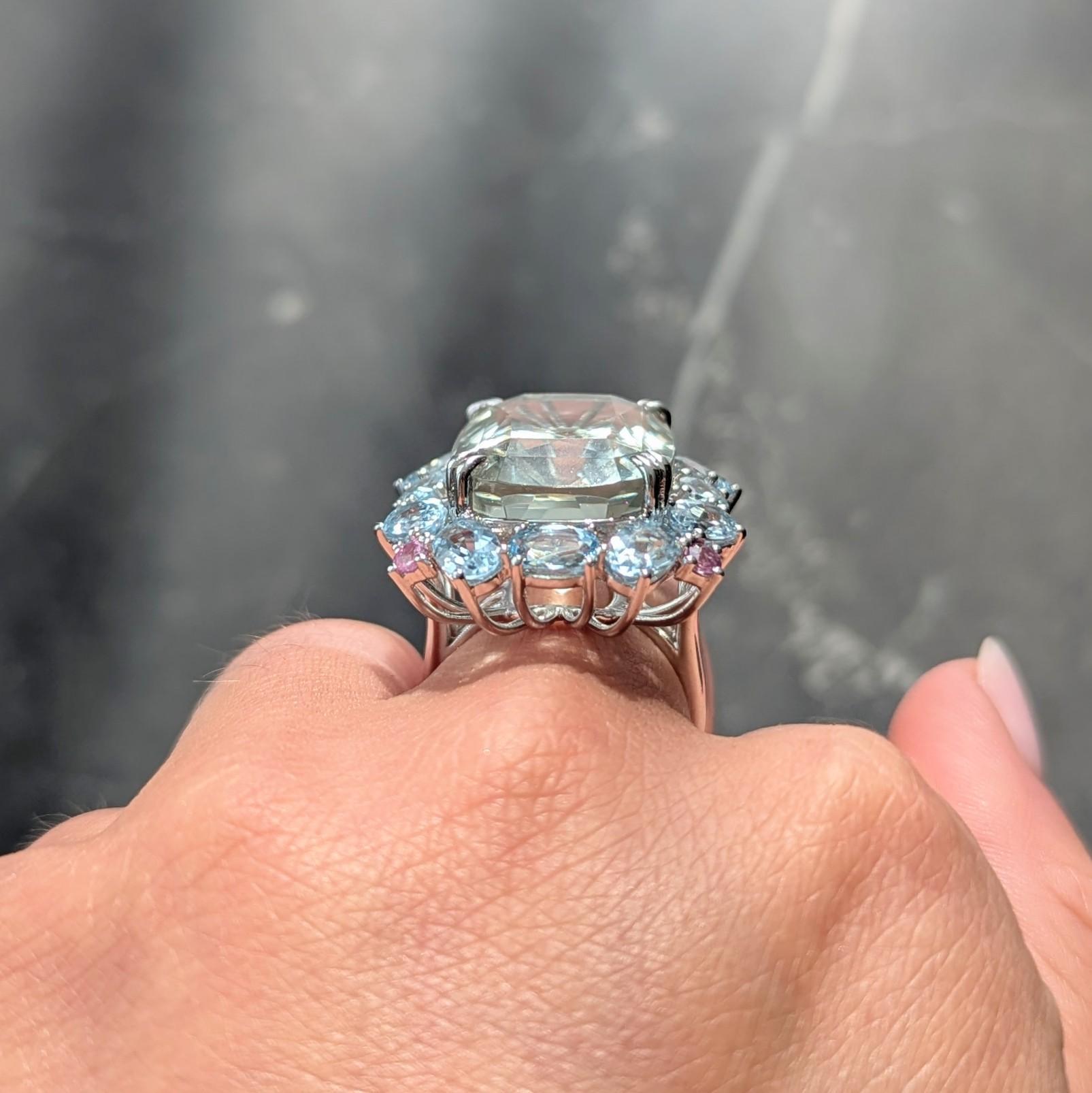 Contemporary 31.89 CTW Prasiolite Aquamarine Sapphire Platinum Cocktail Ring For Sale 4