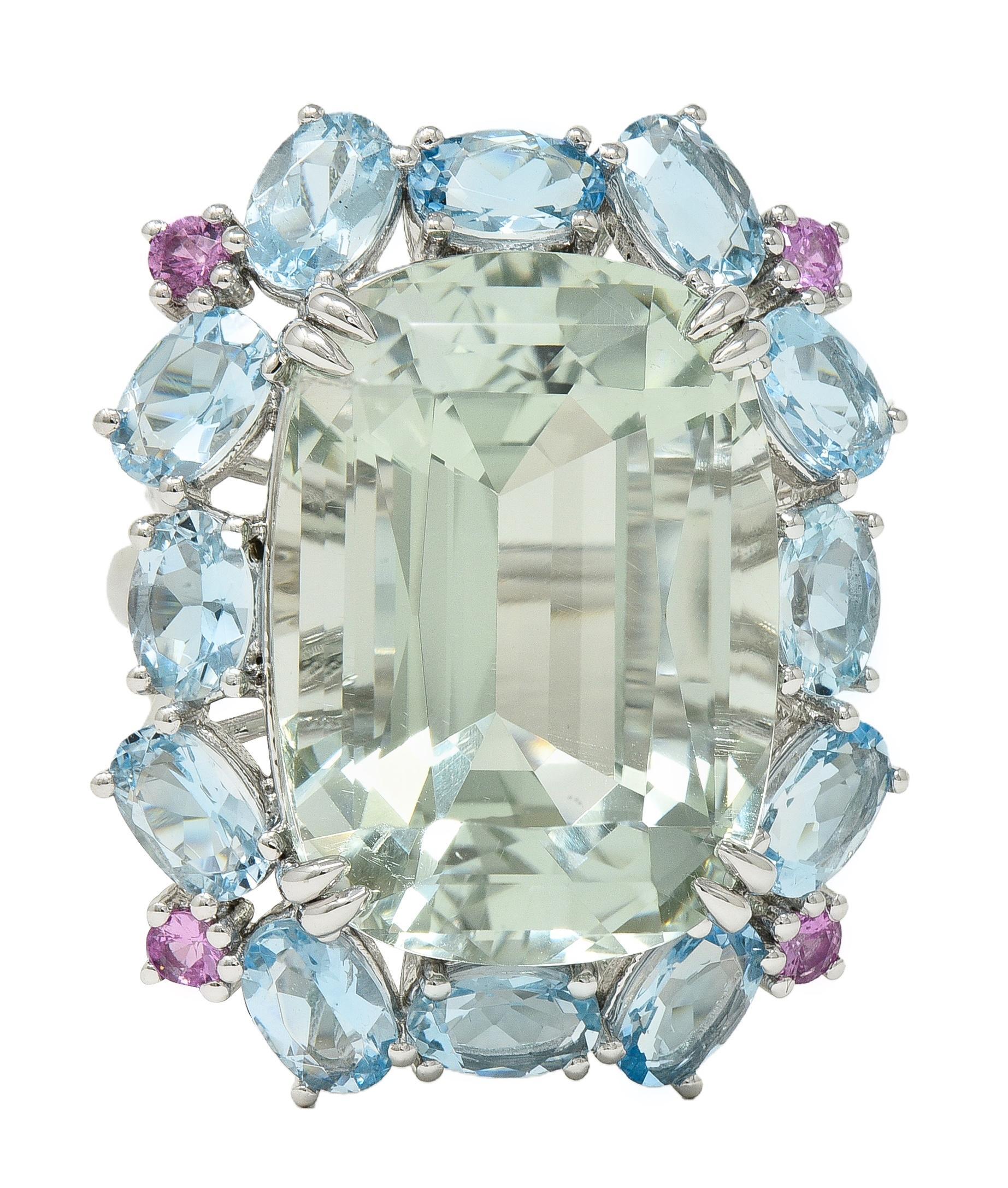 Contemporary 31.89 CTW Prasiolite Aquamarine Sapphire Platinum Cocktail Ring For Sale