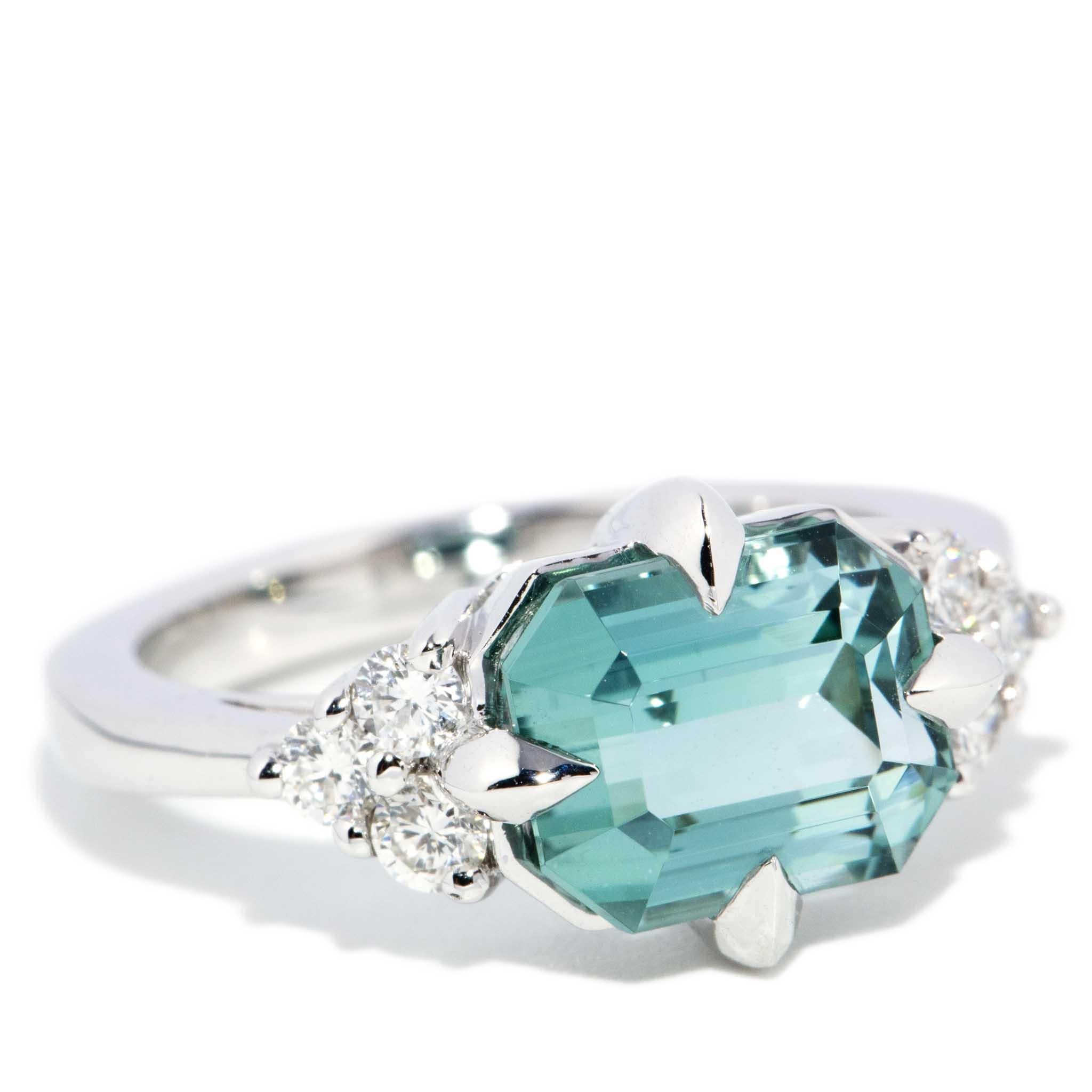 Emerald Cut Contemporary 3.36ct Seafoam Tourmaline & Diamond Ring 18ct White Gold For Sale