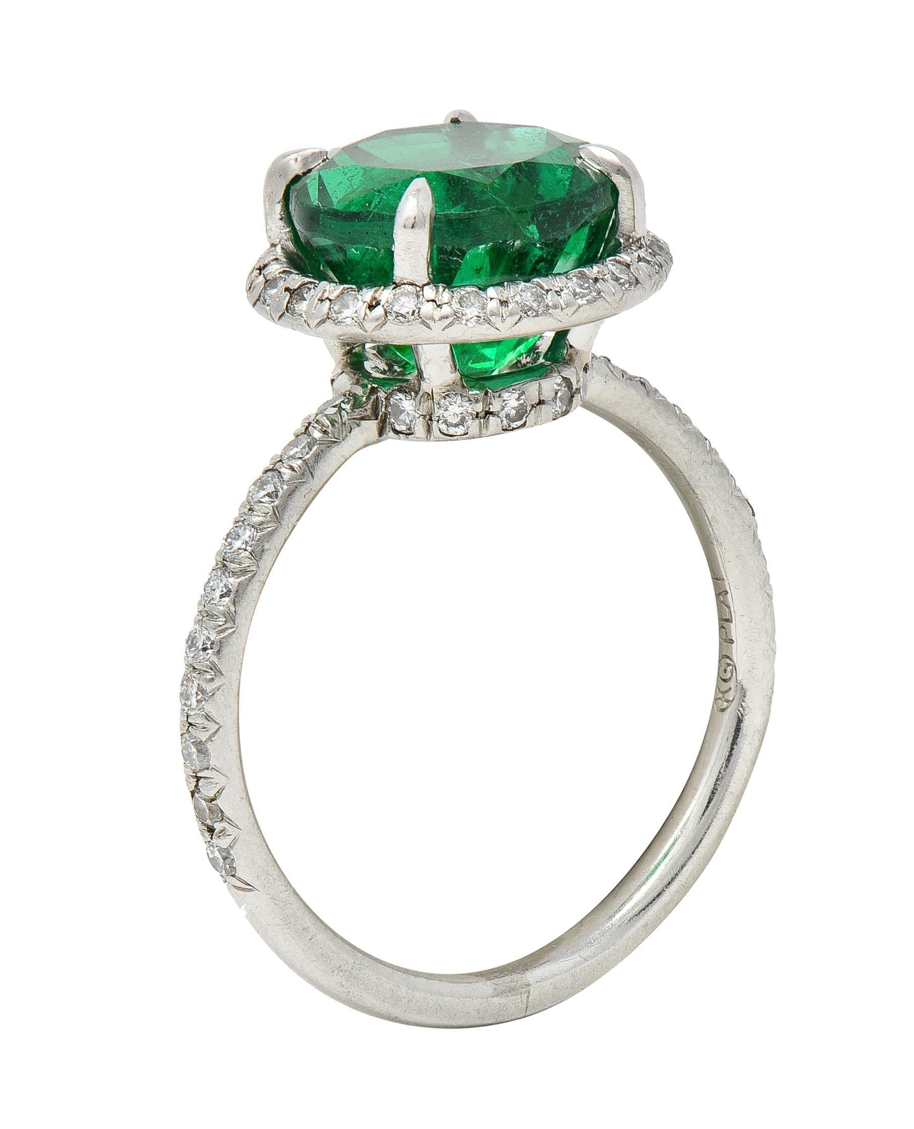 Contemporary 3.37 CTW Emerald Diamond Platinum Halo Anternative Ring GIA For Sale 7