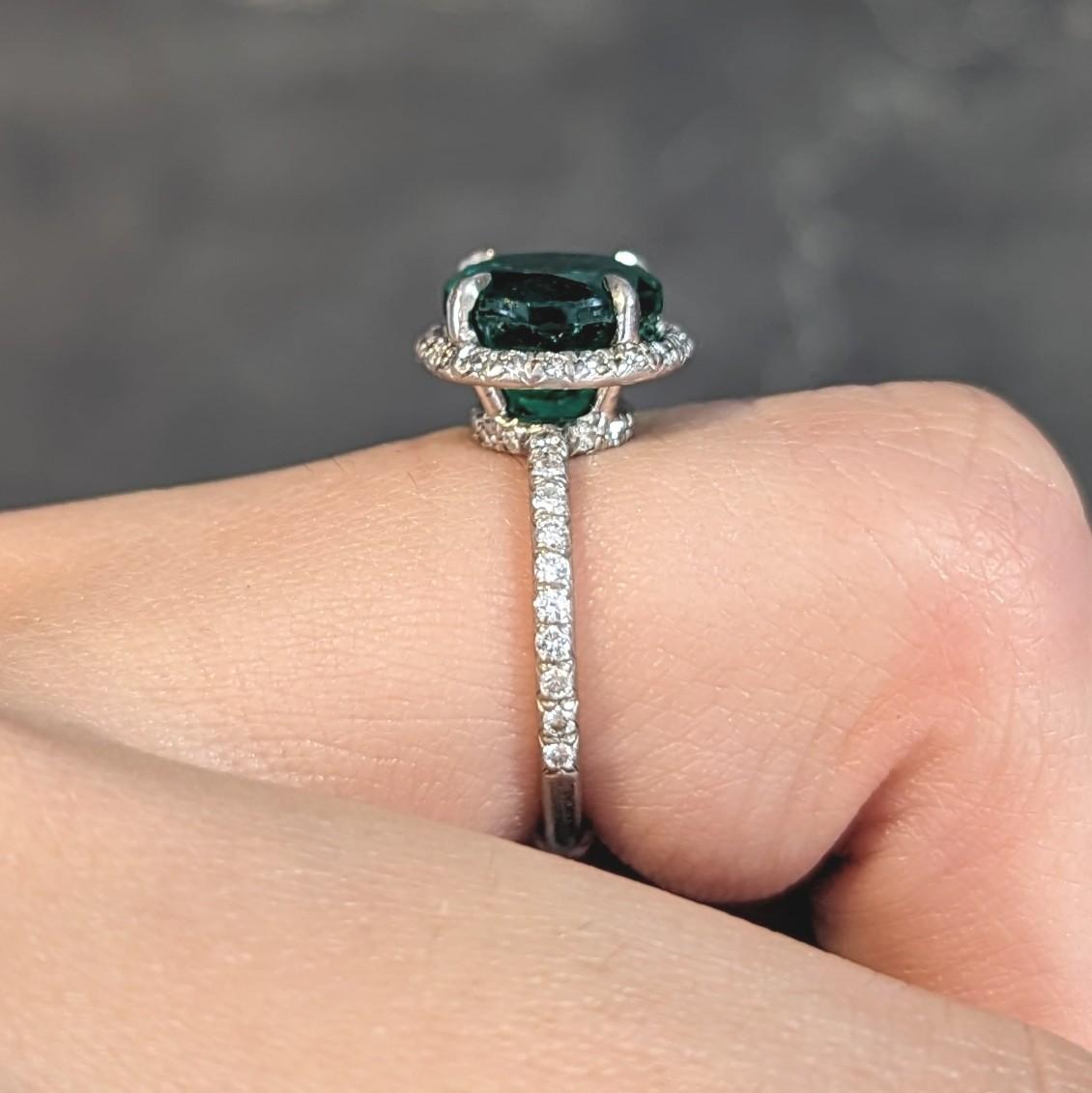 Contemporary 3.37 CTW Emerald Diamond Platinum Halo Anternative Ring GIA For Sale 10
