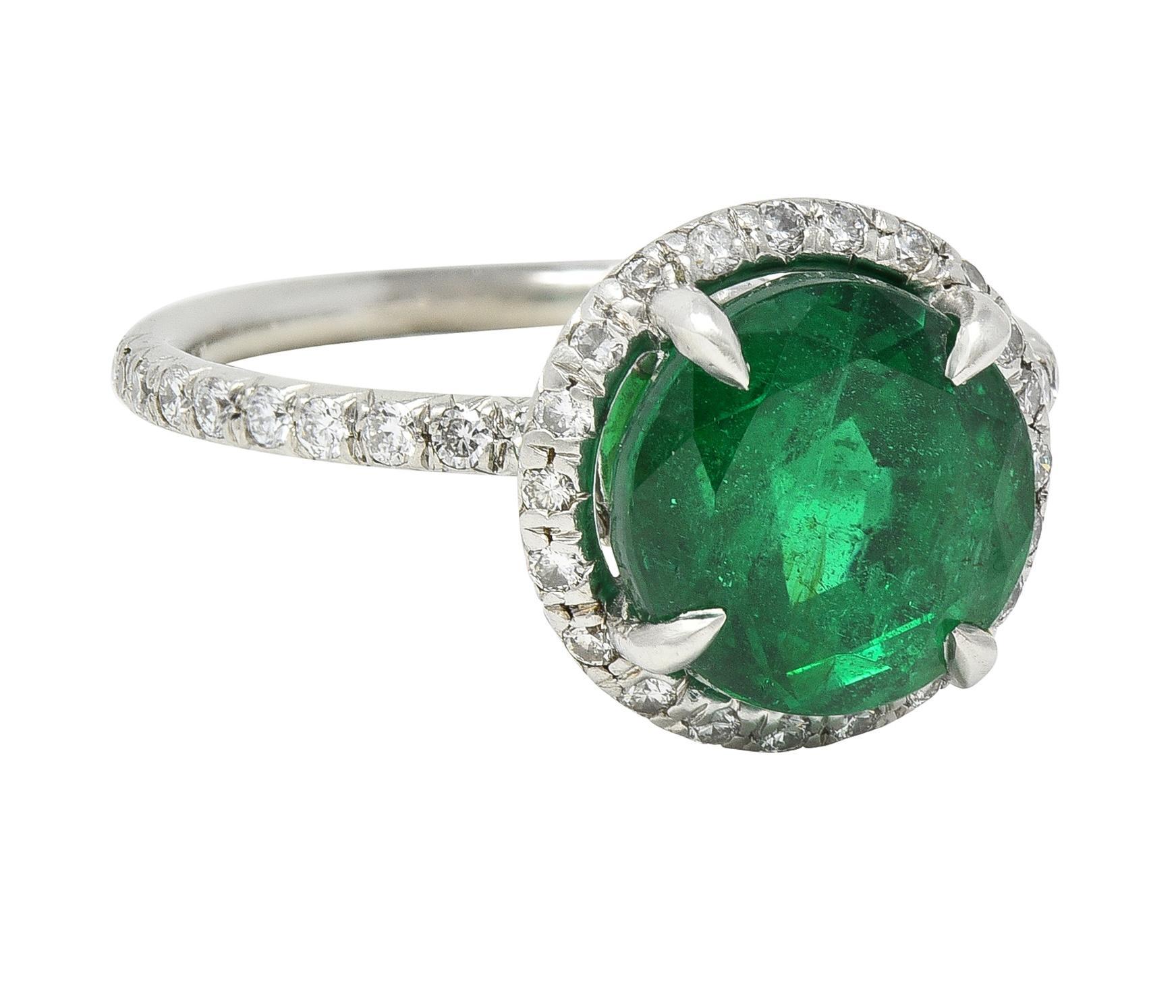 Round Cut Contemporary 3.37 CTW Emerald Diamond Platinum Halo Anternative Ring GIA For Sale