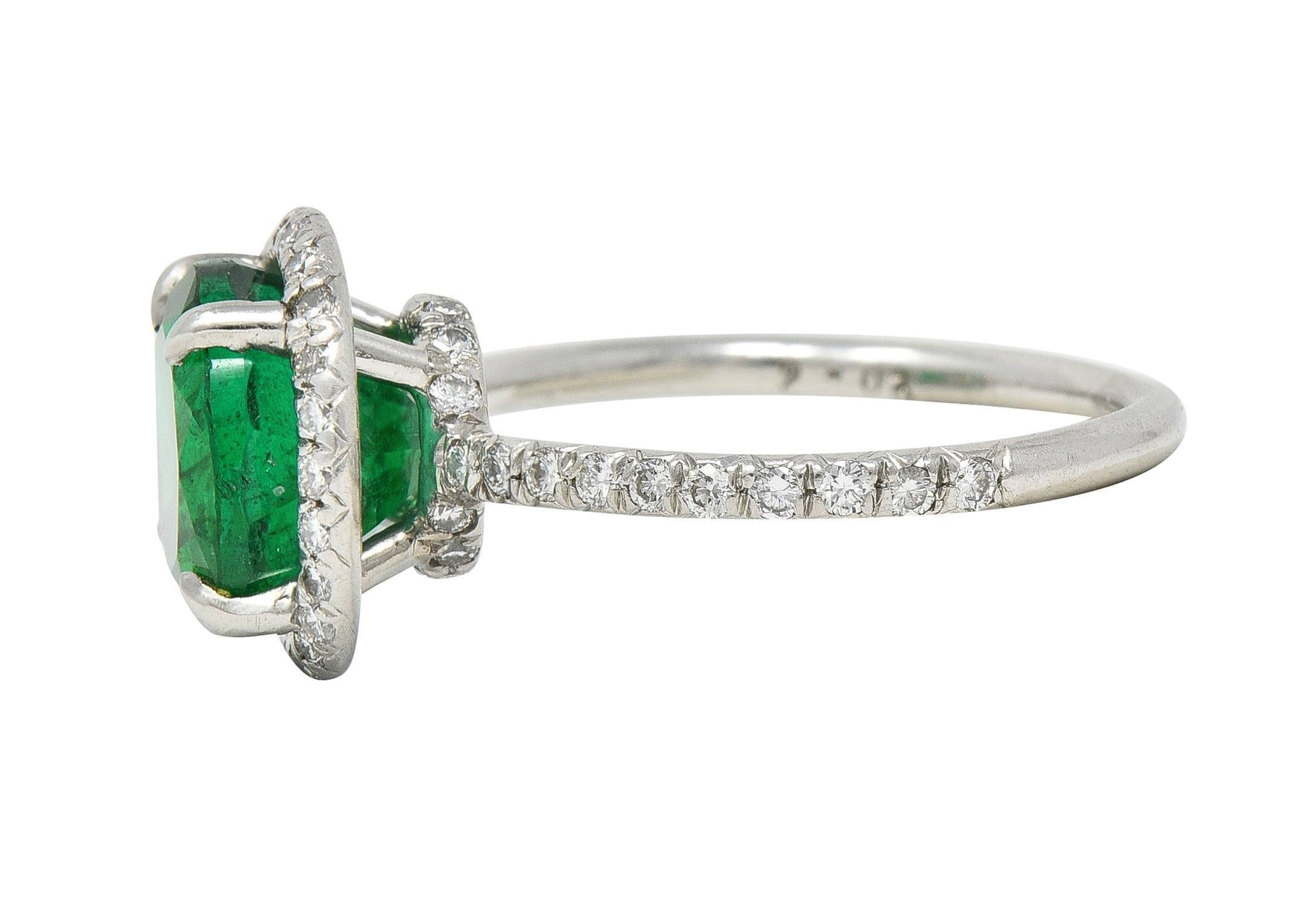 Contemporary 3.37 CTW Emerald Diamond Platinum Halo Anternative Ring GIA For Sale 1