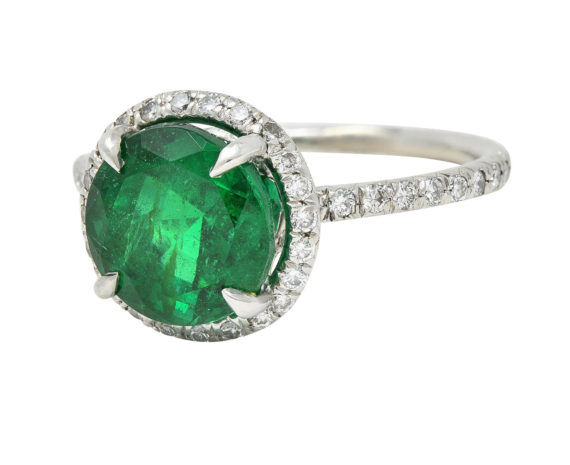 Contemporary 3.37 CTW Emerald Diamond Platinum Halo Anternative Ring GIA For Sale 2