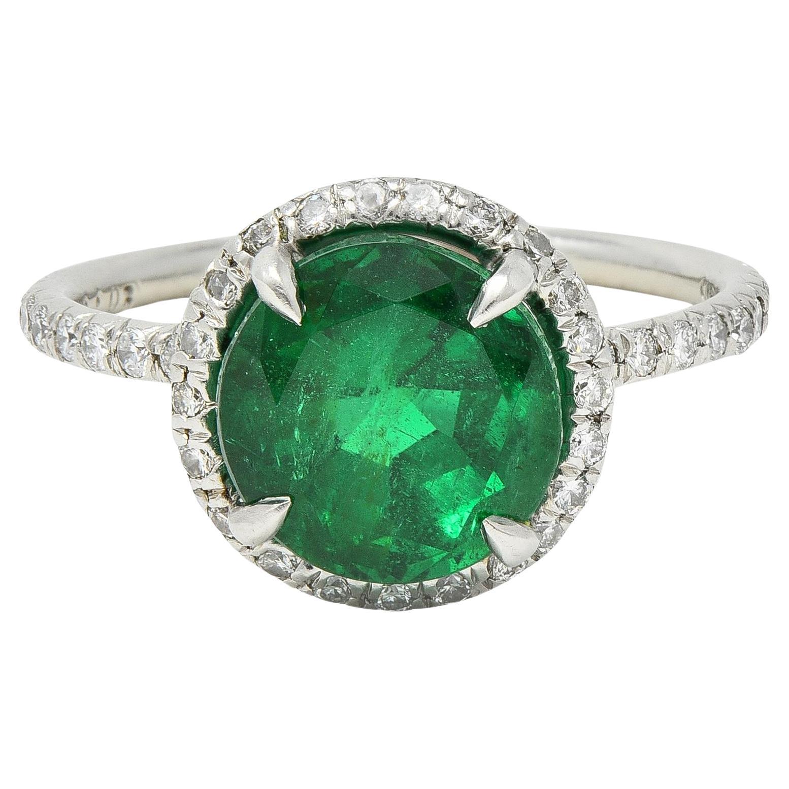 Contemporary 3.37 CTW Emerald Diamond Platinum Halo Anternative Ring GIA For Sale