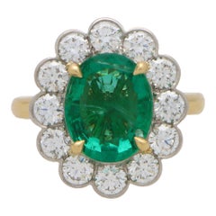 Contemporary 3.42ct Emerald and Diamond Floral Cluster Ring in Gold and Platinum