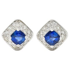 Boucles d'oreilles Contemporary 3.44 CTW Sapphire Diamond 18 Karat White Gold Cushion Stud Ears