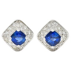 Contemporary 3.44 CTW Sapphire Diamond 18 Karat White Gold Cushion Stud Earrings